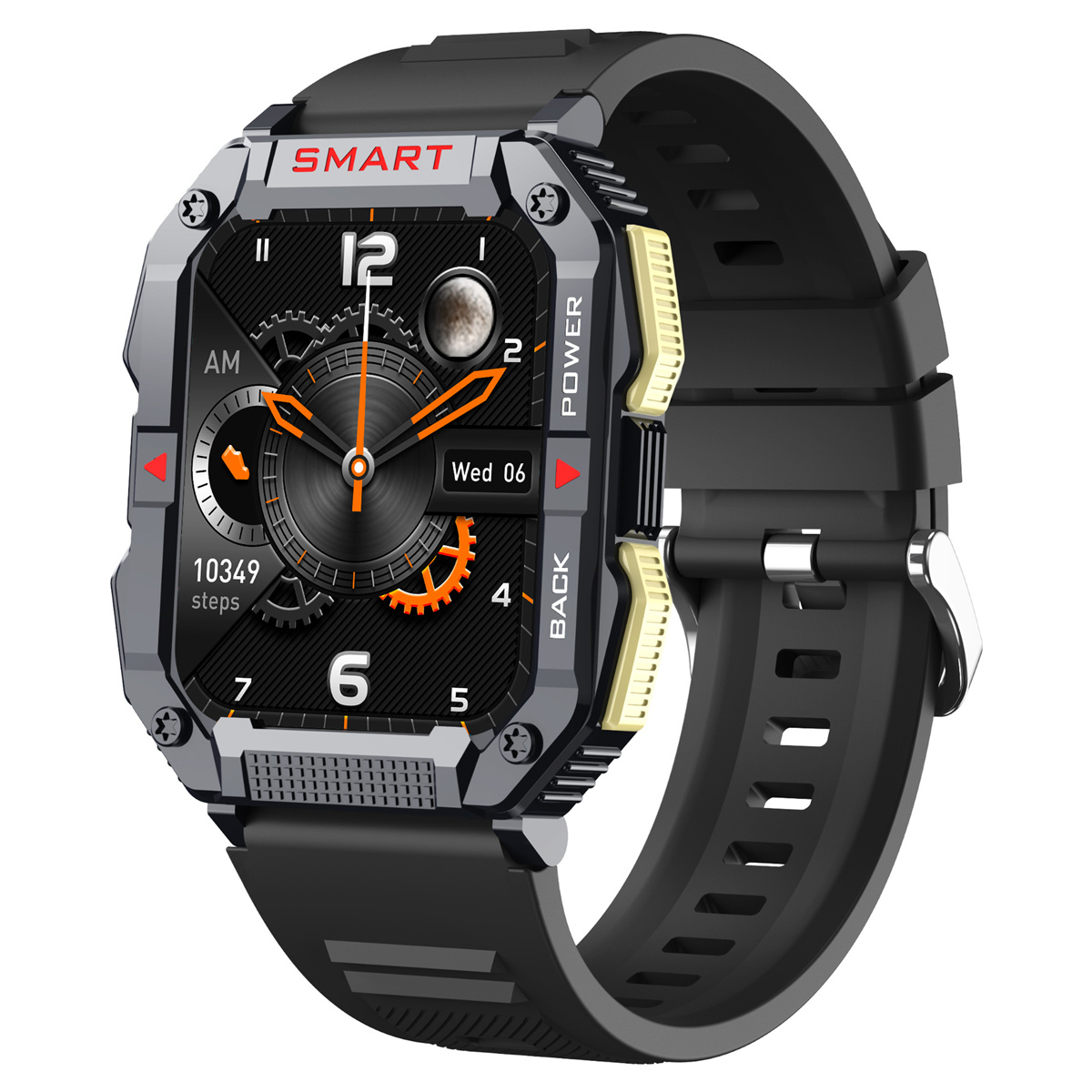 Schwarze Smartwatch mit quadratischem Zifferblatt. Zeigt Zeit und Schritte an. Schwarzes Armband.