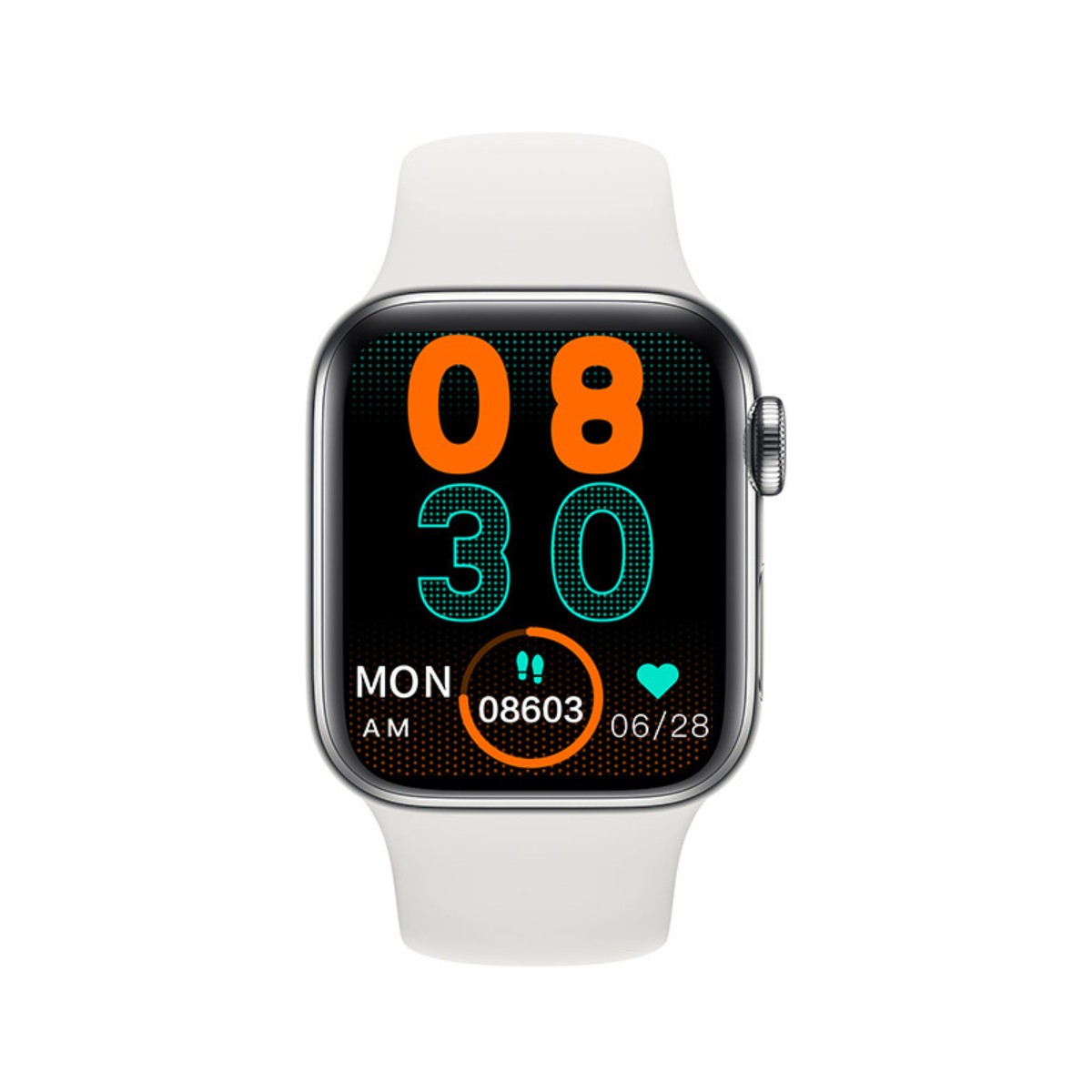 Smartwatch mit weißem Armband, das Zeit, Datum und Aktivitätsstatistiken anzeigt. Edelstahlrahmen.