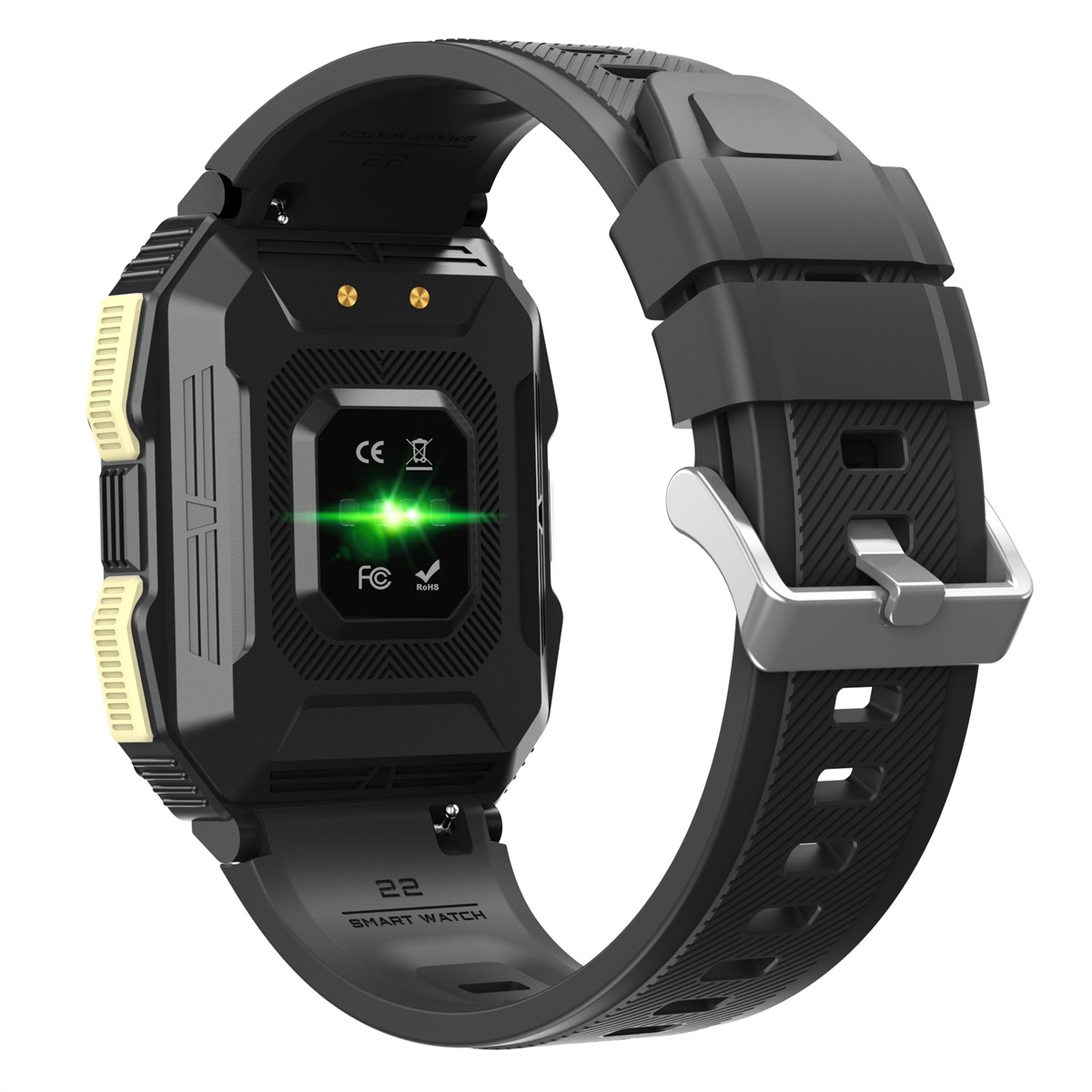 Smartwatch mit schwarzem Armband und Gehäuse. Die Rückseite zeigt Details wie CE- und FCC-Symbole.