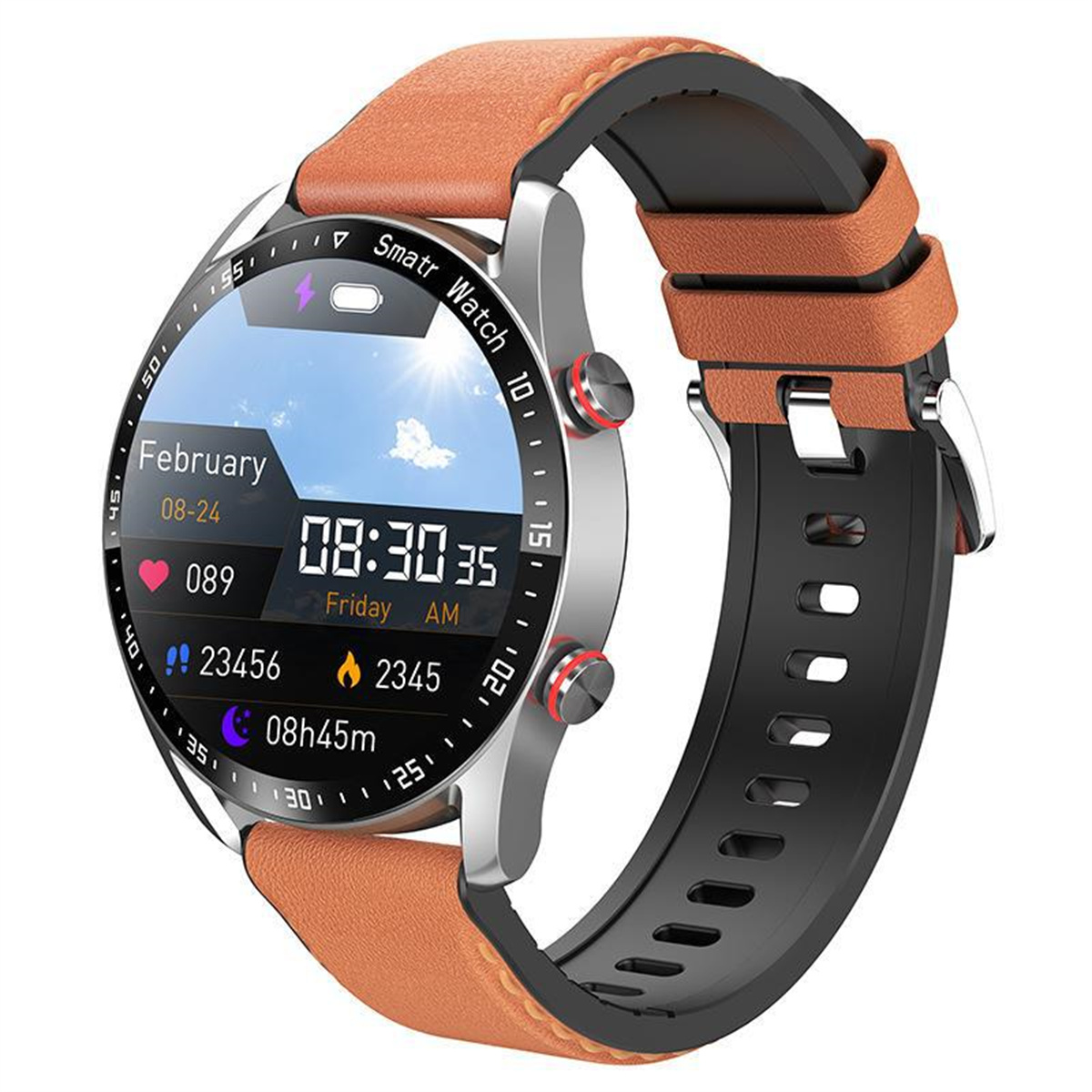 ENBAOXIN mm, Orange Edelstahlband Bluetooth Business Smartwatch 260 Smart Talk Watch Wasserdicht Orange Leder,