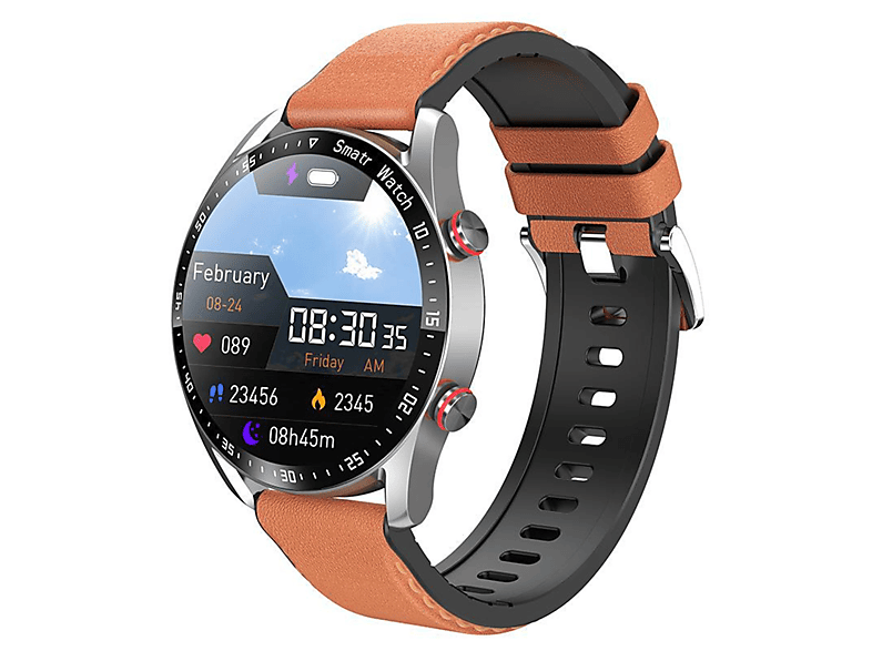 ENBAOXIN Smart Watch Orange Bluetooth Business Leder, Edelstahlband Orange Smartwatch Talk Wasserdicht 260 mm