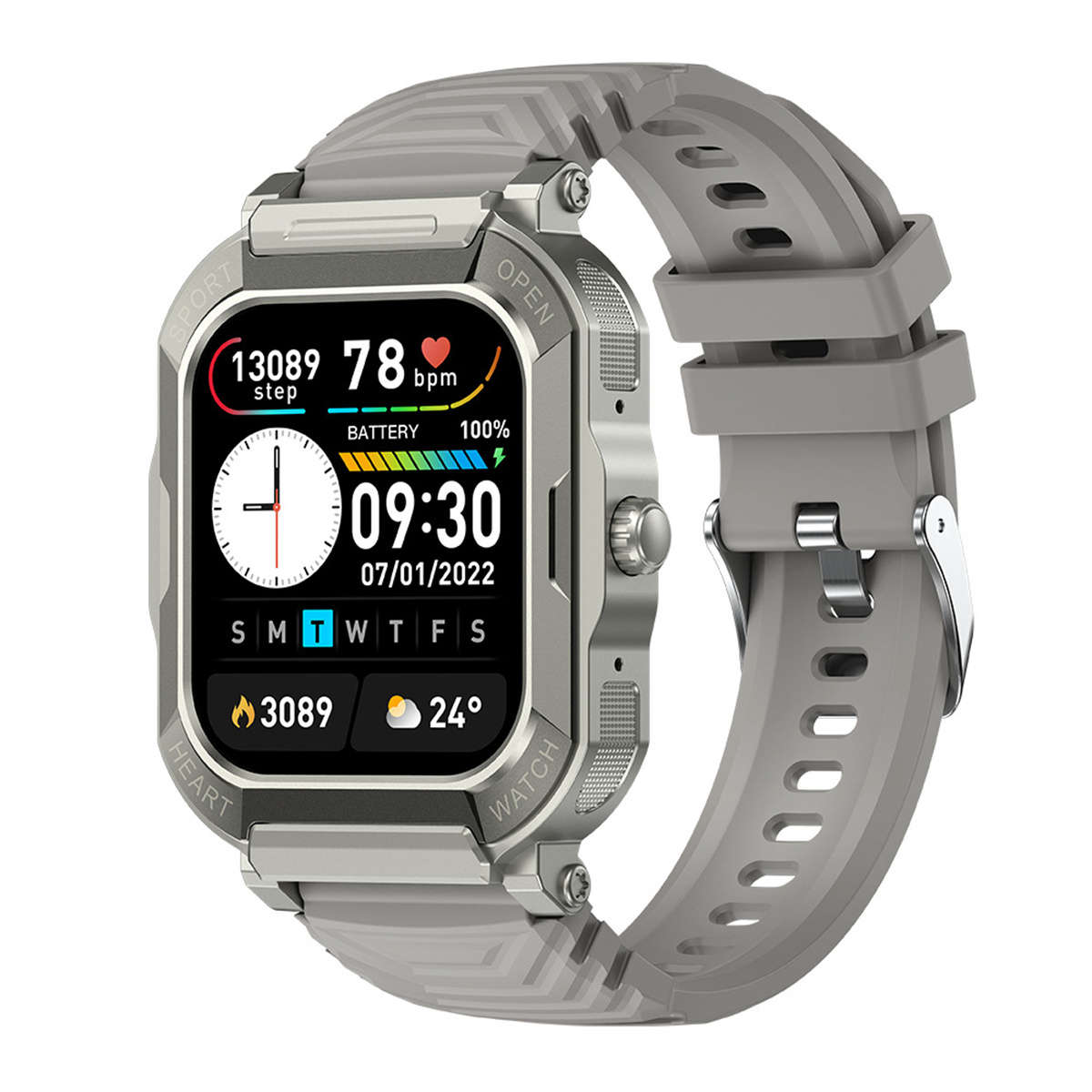 Eine graue Smartwatch. Sie hat ein quadratisches Zifferblatt mit Datum, Uhrzeit, Schritten, Herzfrequenz und Akkustand. Graues Armband.