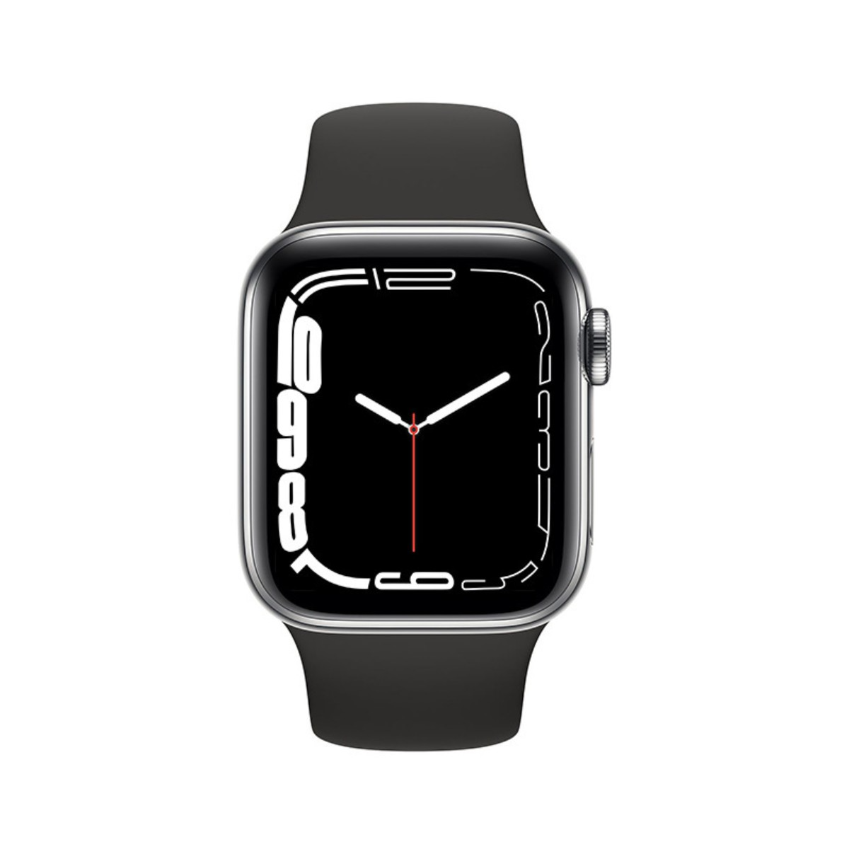 Silberne Apple Watch mit schwarzem Zifferblatt, Zeitanzeige und schwarzem Armband.