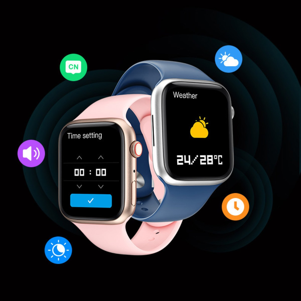 Zwei Smartwatches: eine rosa mit Zeiteinstellungen, die andere blau mit Wetteranzeige. Symbole umgeben sie auf schwarzem Hintergrund.