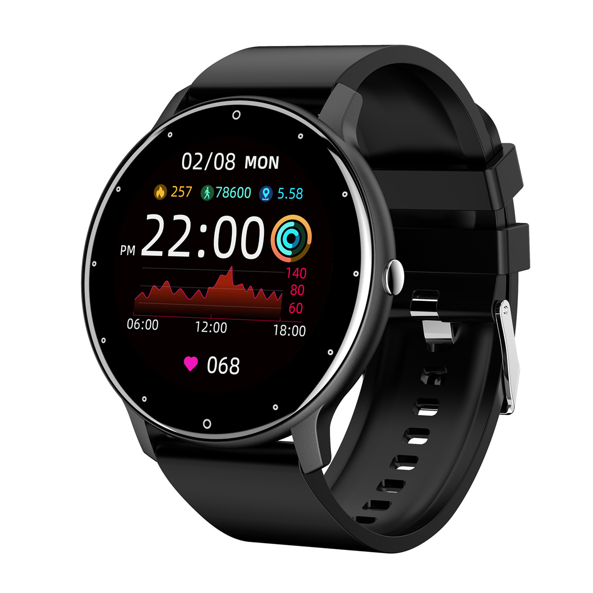 Schwarze Smartwatch mit Zeit-, Datums- und Gesundheitsmetriken auf rundem Bildschirm.