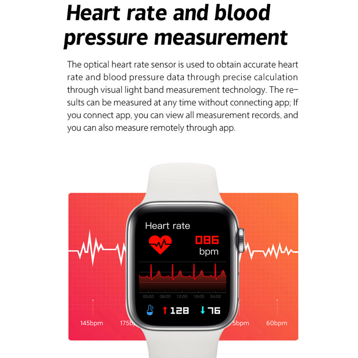 Eine weiße Smartwatch mit einem Herzfrequenzmesser, der eine Herzfrequenz auf rotem Hintergrund anzeigt.