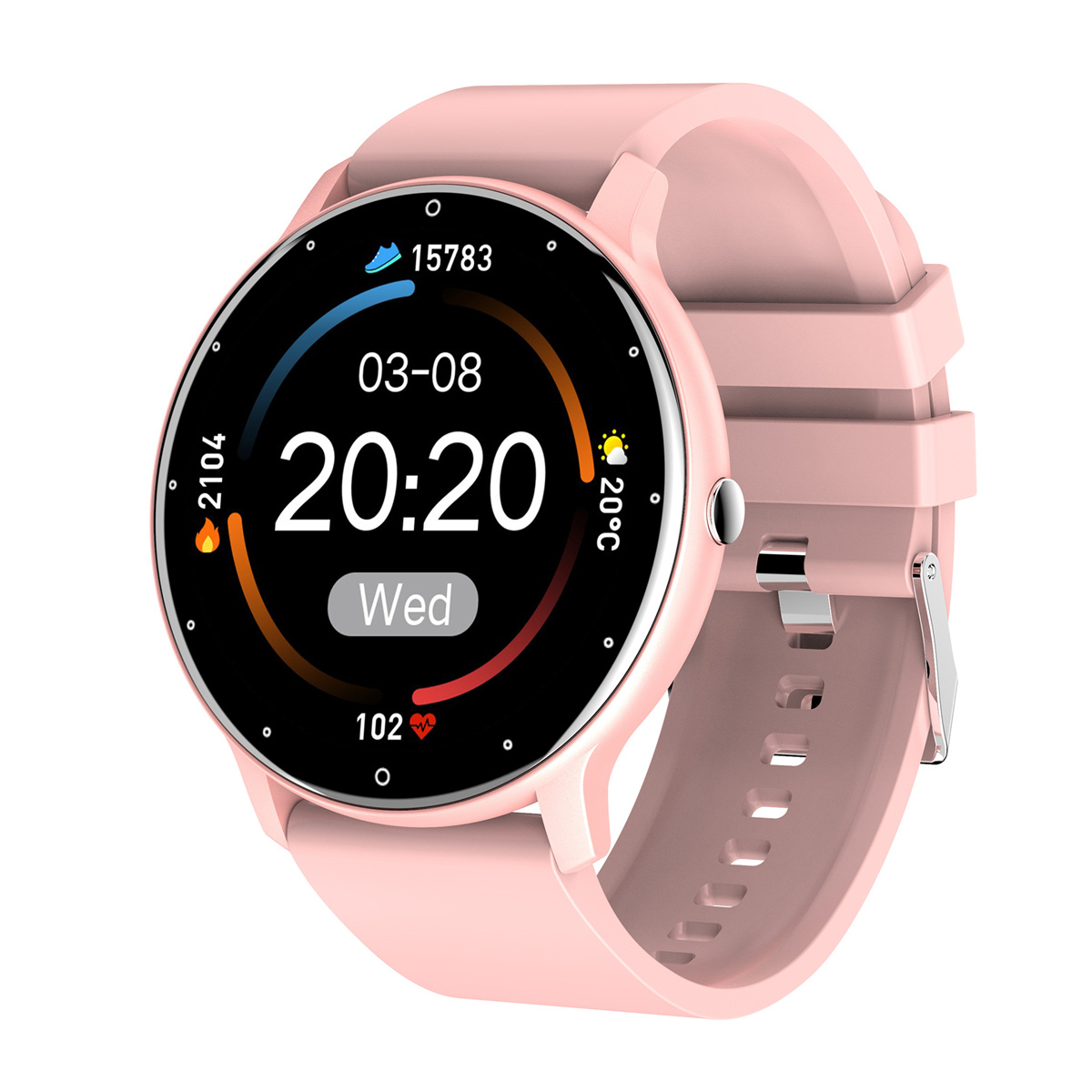 Eine rosa Smartwatch zeigt Zeit, Datum und Temperatur auf weißem Hintergrund an.