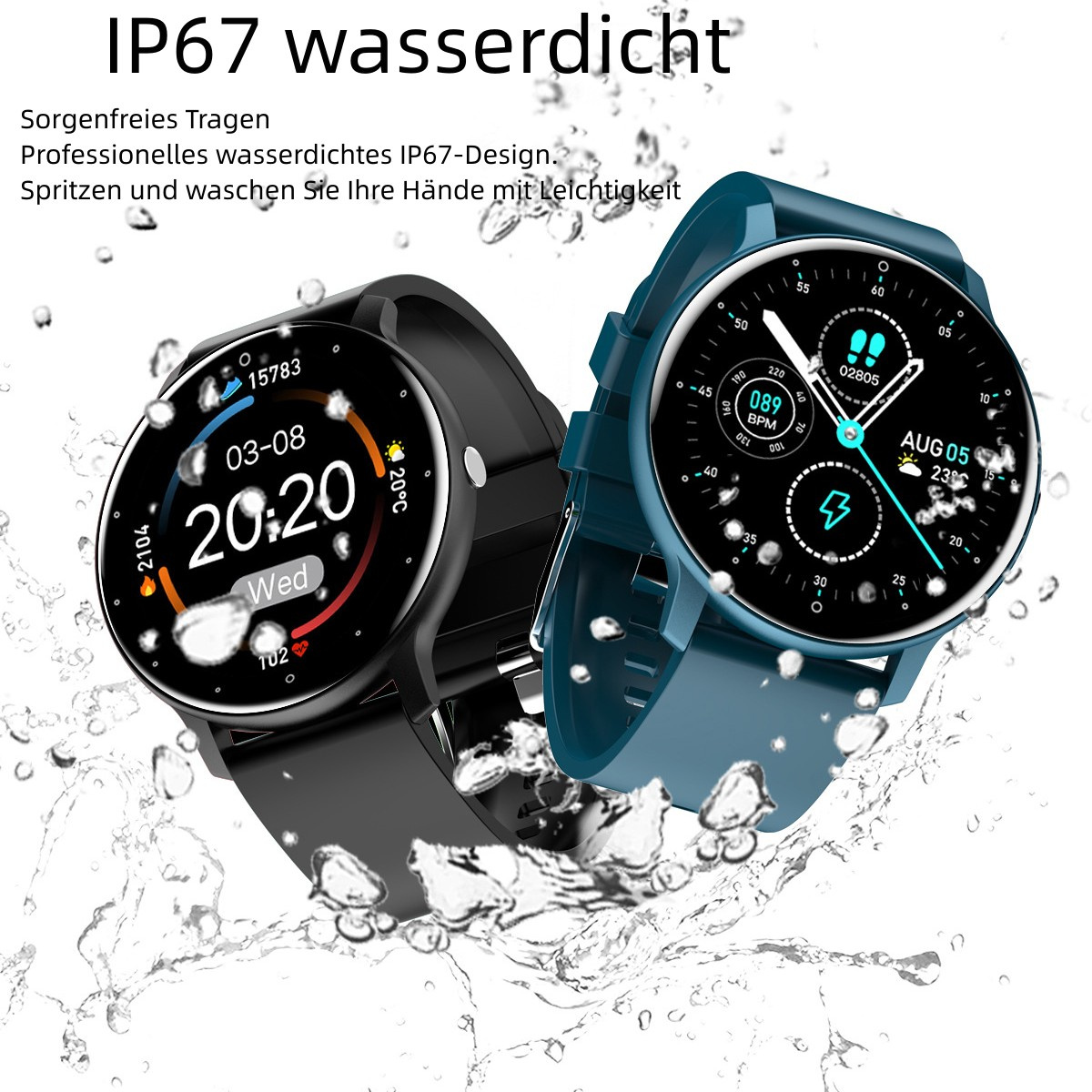 Zwei Smartwatches, die Datum und Uhrzeit anzeigen. Eine schwarz, eine blau, mit Wassertropfen.