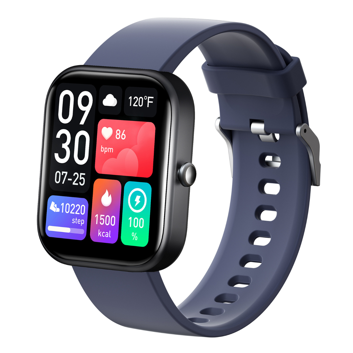 Smartwatch mit blauem Armband, das Zeit, Herzfrequenz, Schritte und Akkustand anzeigt.