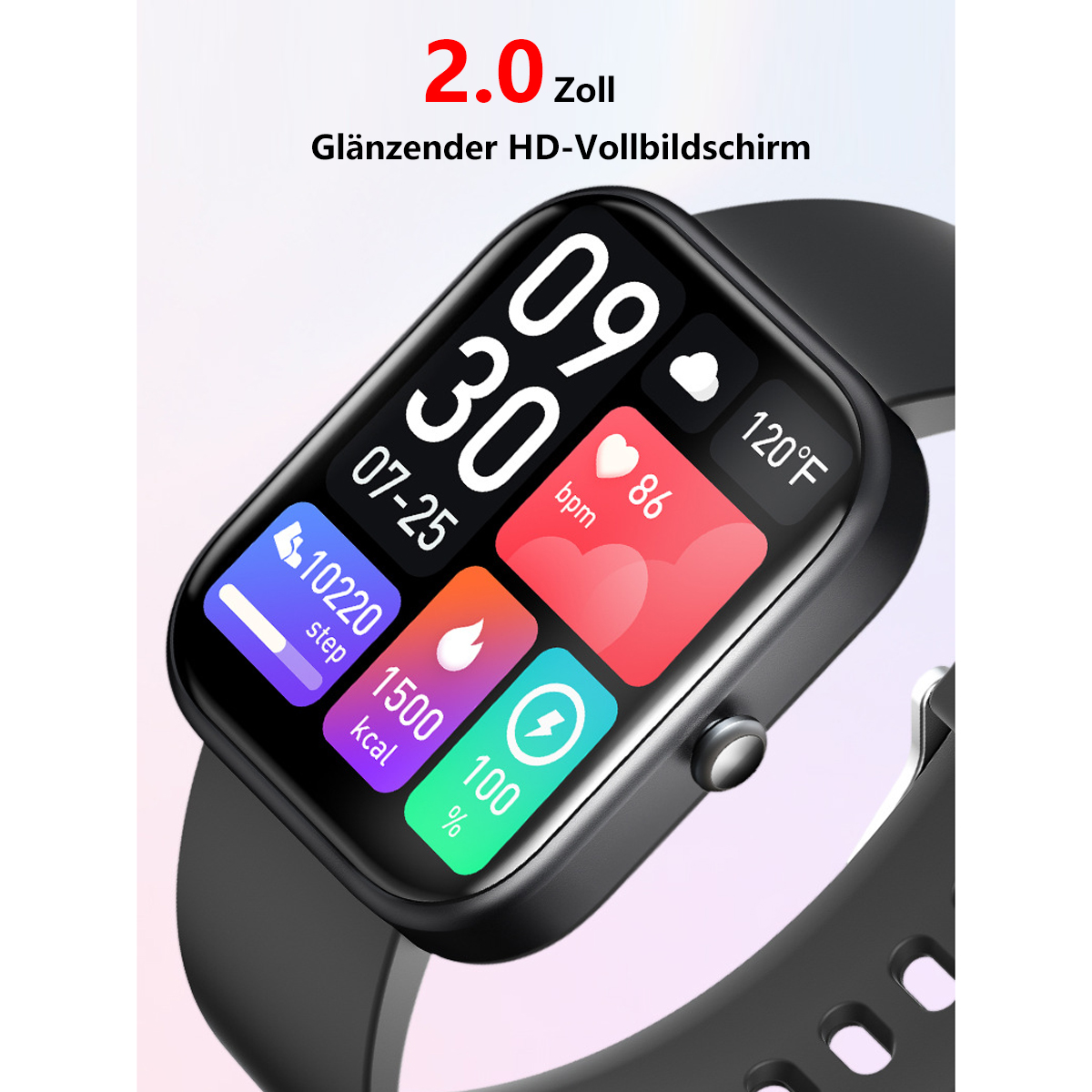 Smartwatch zeigt Zeit, Gesundheitsmetriken: Schritte, Kalorien, BPM, Batterieprozentsatz. Schwarzes Armband.