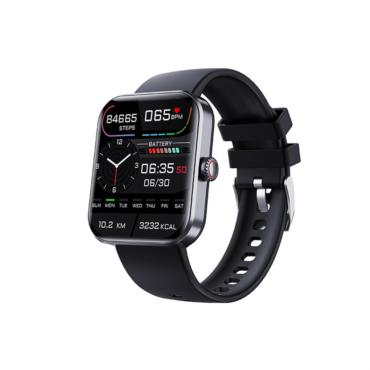 Eine schwarze Smartwatch zeigt Schritte, BPM, Zeit, Datum und Kalorien auf einem schwarzen Armband an.