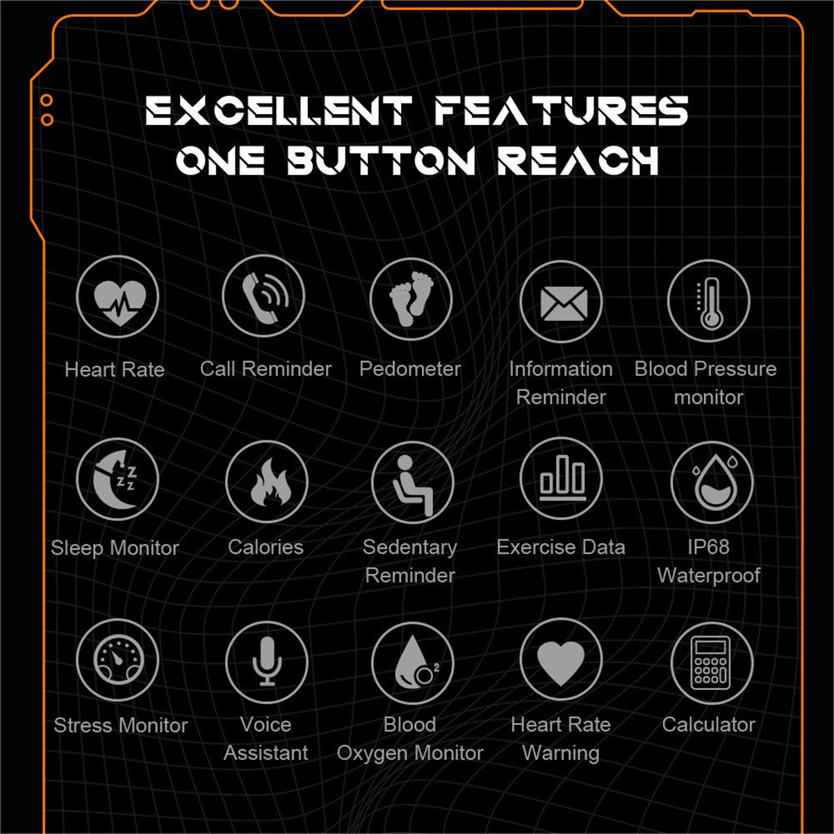 Diagramm einer Smartwatch mit Symbolen für Funktionen wie Herzfrequenz, Anruferinnerungen, Schlafüberwachung und mehr.