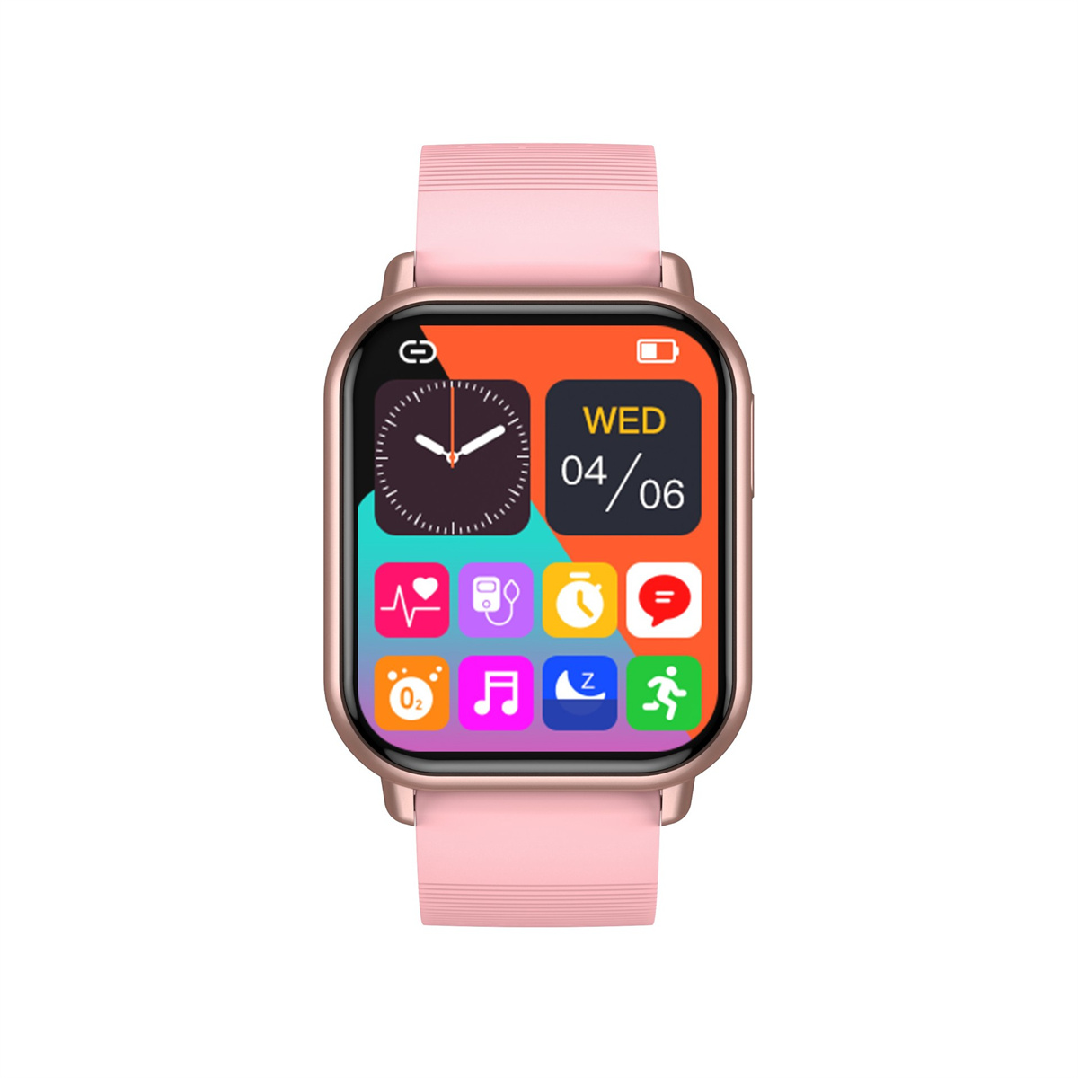 Eine rosa Smartwatch mit Touchscreen, der Symbole und Datum anzeigt.
