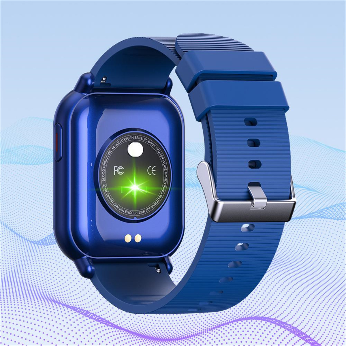Blaue Smartwatch mit blauem Armband, mit blau-violettem Farbverlauf-Hintergrund.