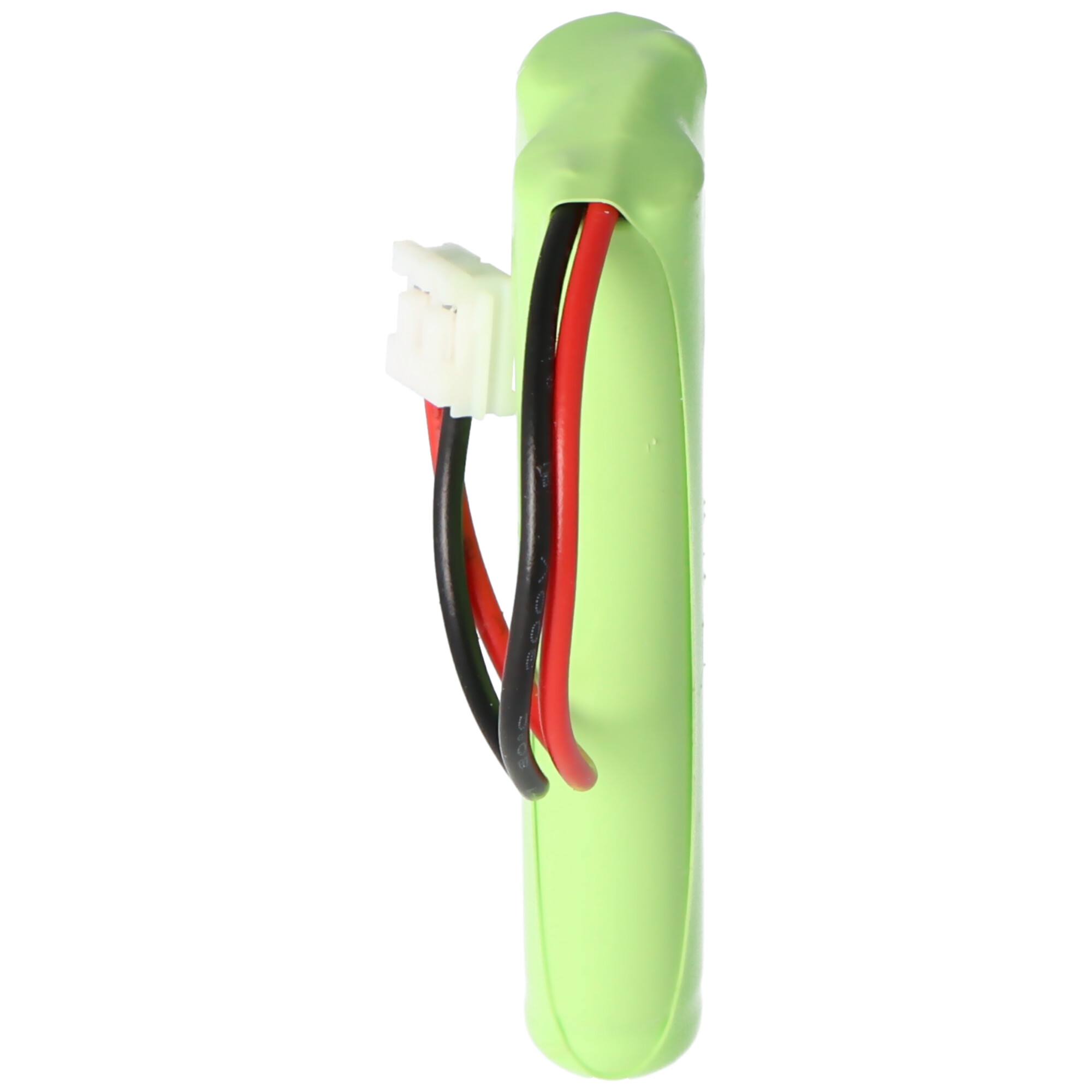 Grüne zylindrische Batterie mit schwarzen und roten Drähten und einem weißen Stecker, auf Weiß.