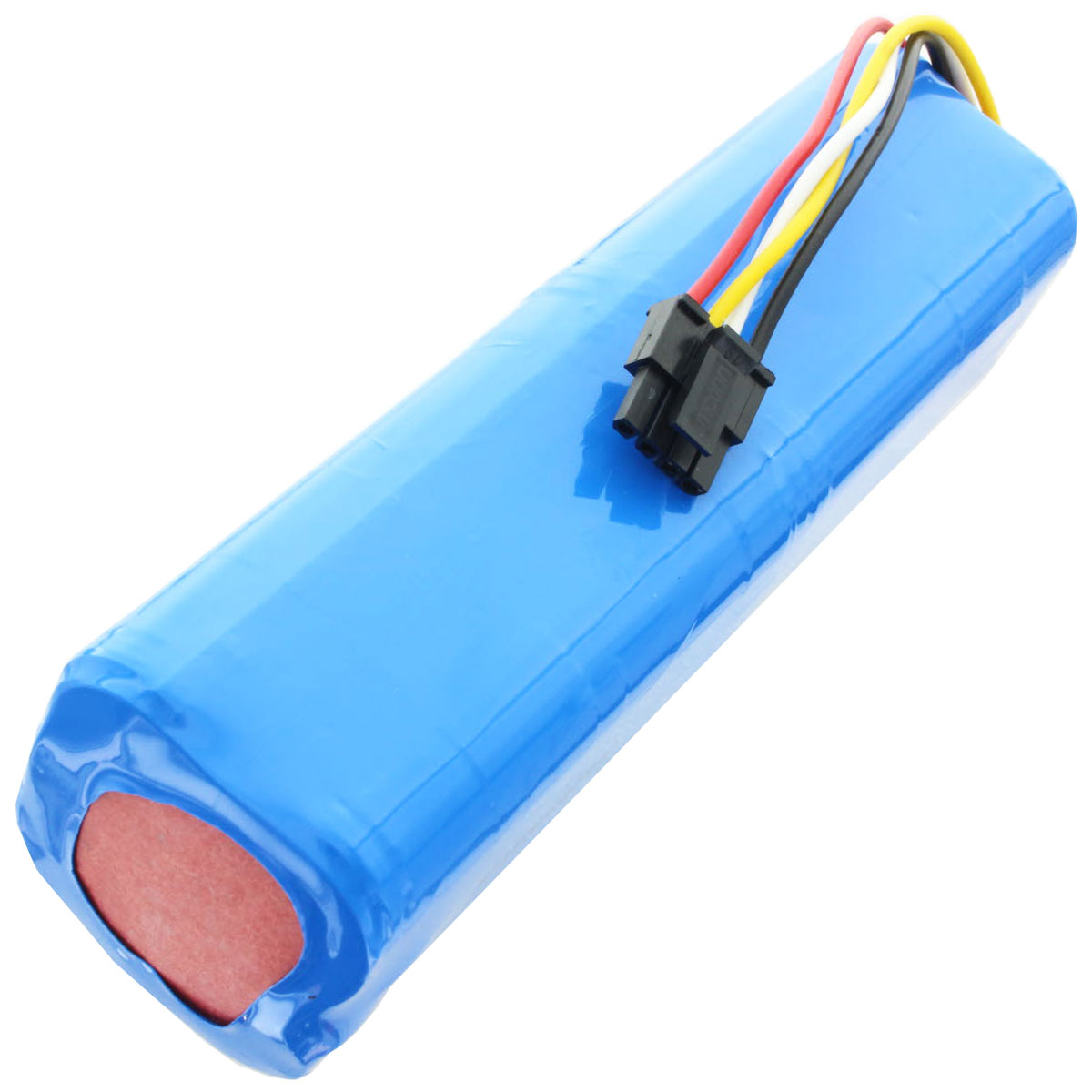 Eine blaue Batteriezelle mit roter Endkappe und schwarzen und farbigen Drähten, die herausragen.