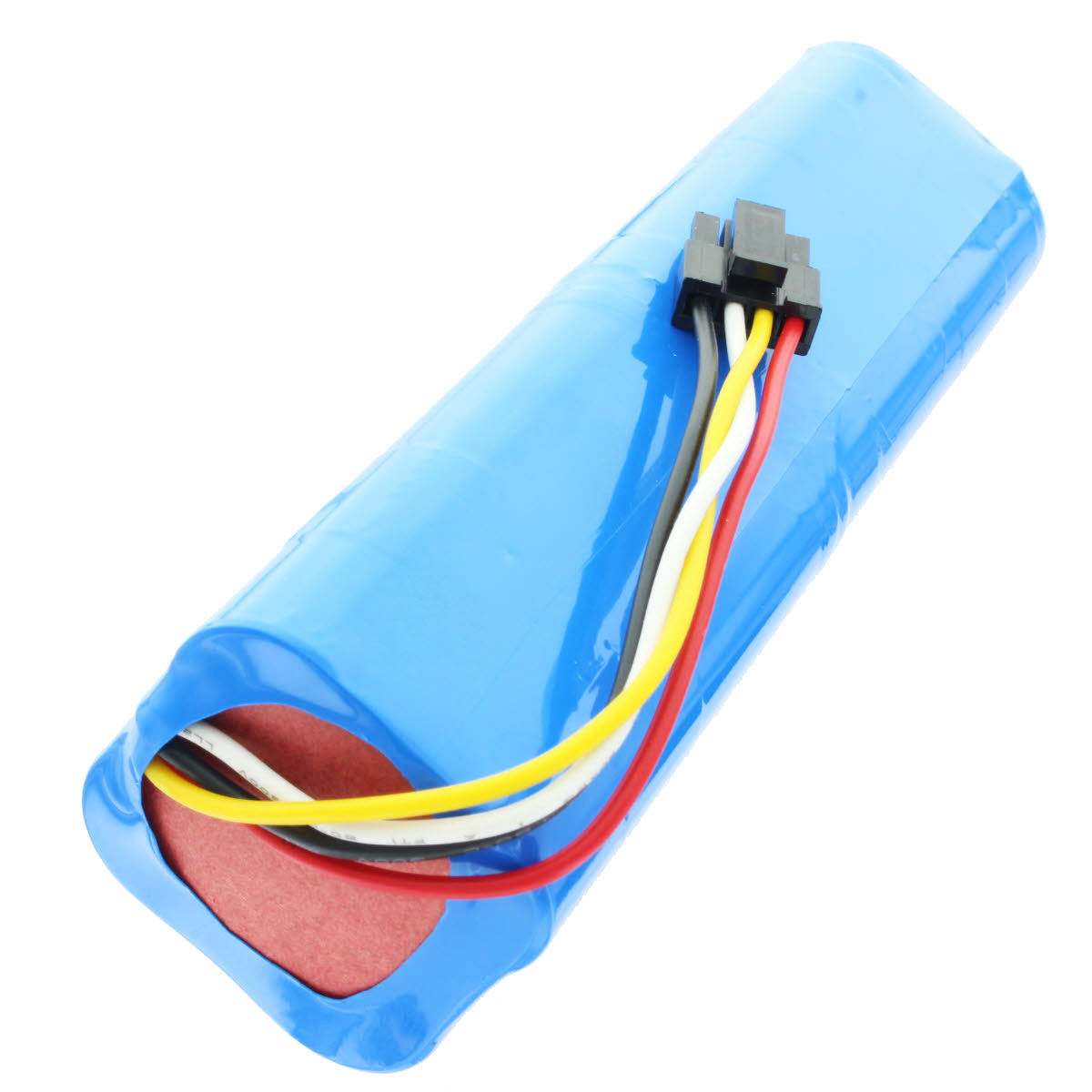 Eine blaue Batterie mit angeschlossenen Drähten. Drähte: schwarz, gelb, rot und weiß.