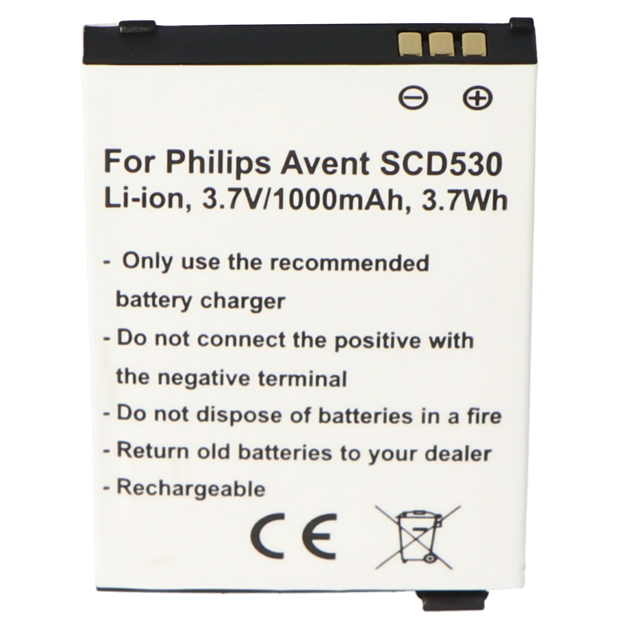 Eine weiße Philips Avent SCD530 Batterie mit Text und Warnhinweisen.