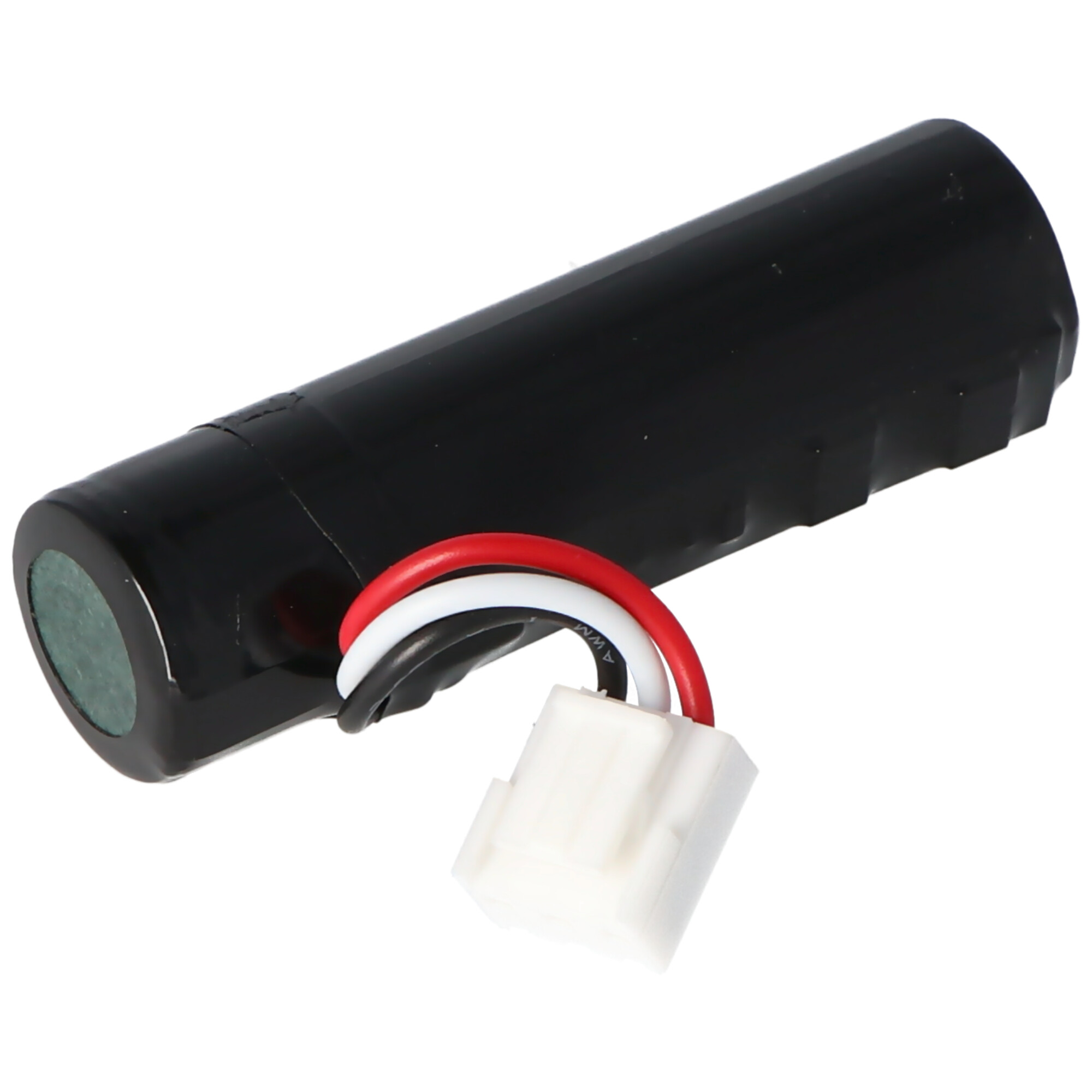Schwarze zylindrische Batterie mit weißem Stecker und roten, weißen und schwarzen Drähten.