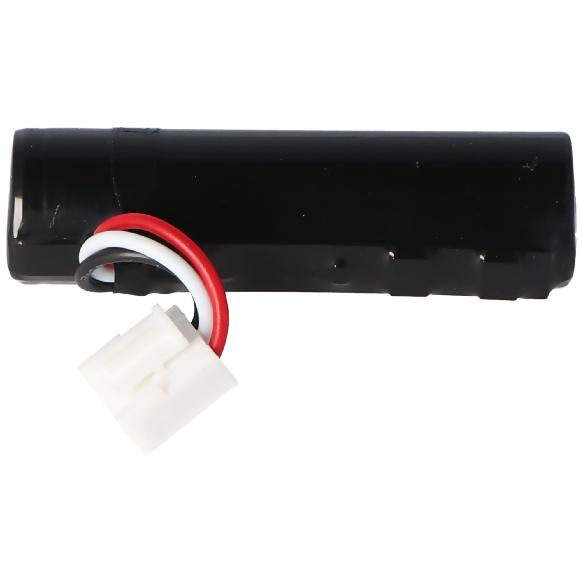Schwarzer Akku mit roten, weißen und schwarzen Drähten, die in einem weißen Stecker enden.