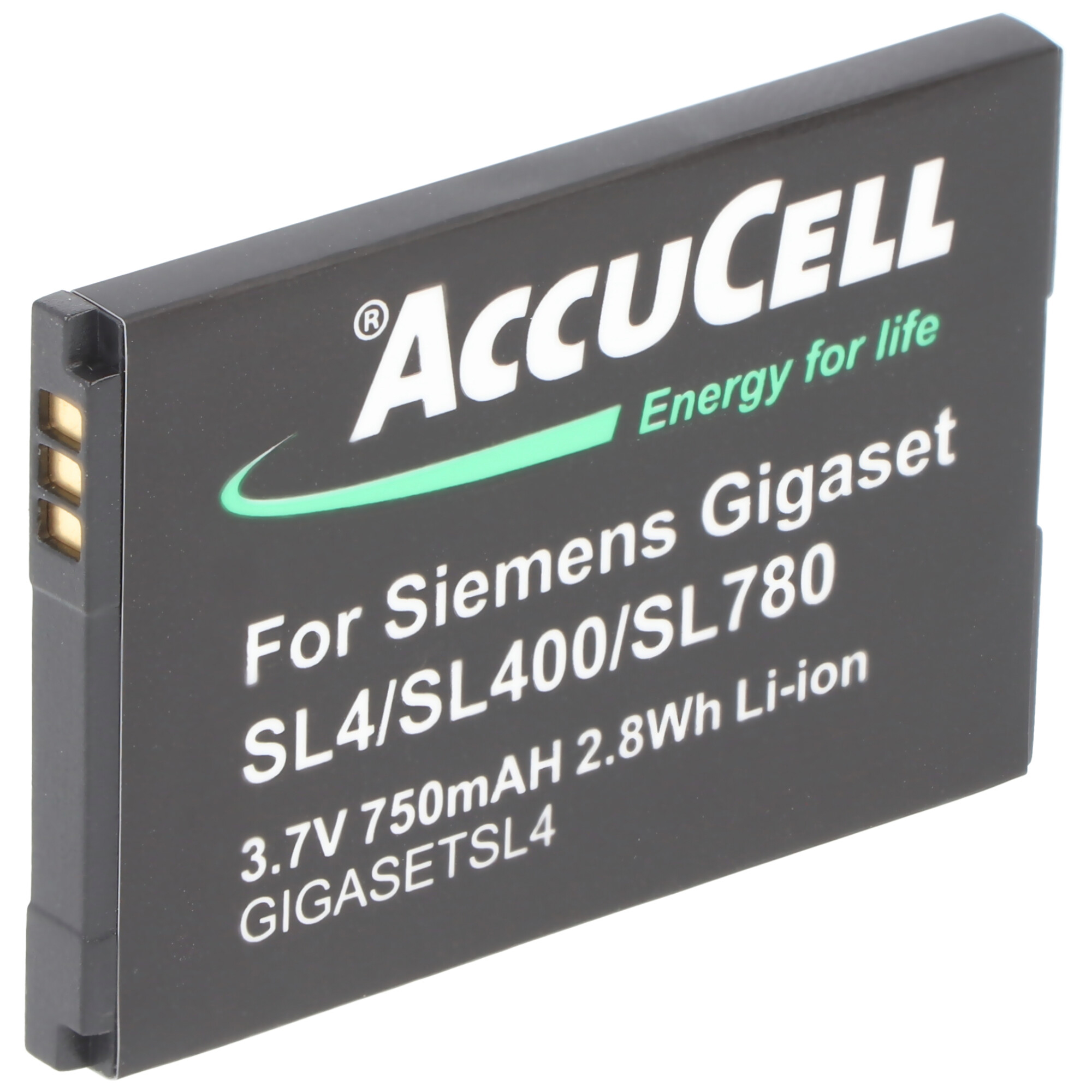 Schwarzer AccuCELL-Akku mit weißem Text, grünem Logo, für Siemens Gigaset-Telefone.