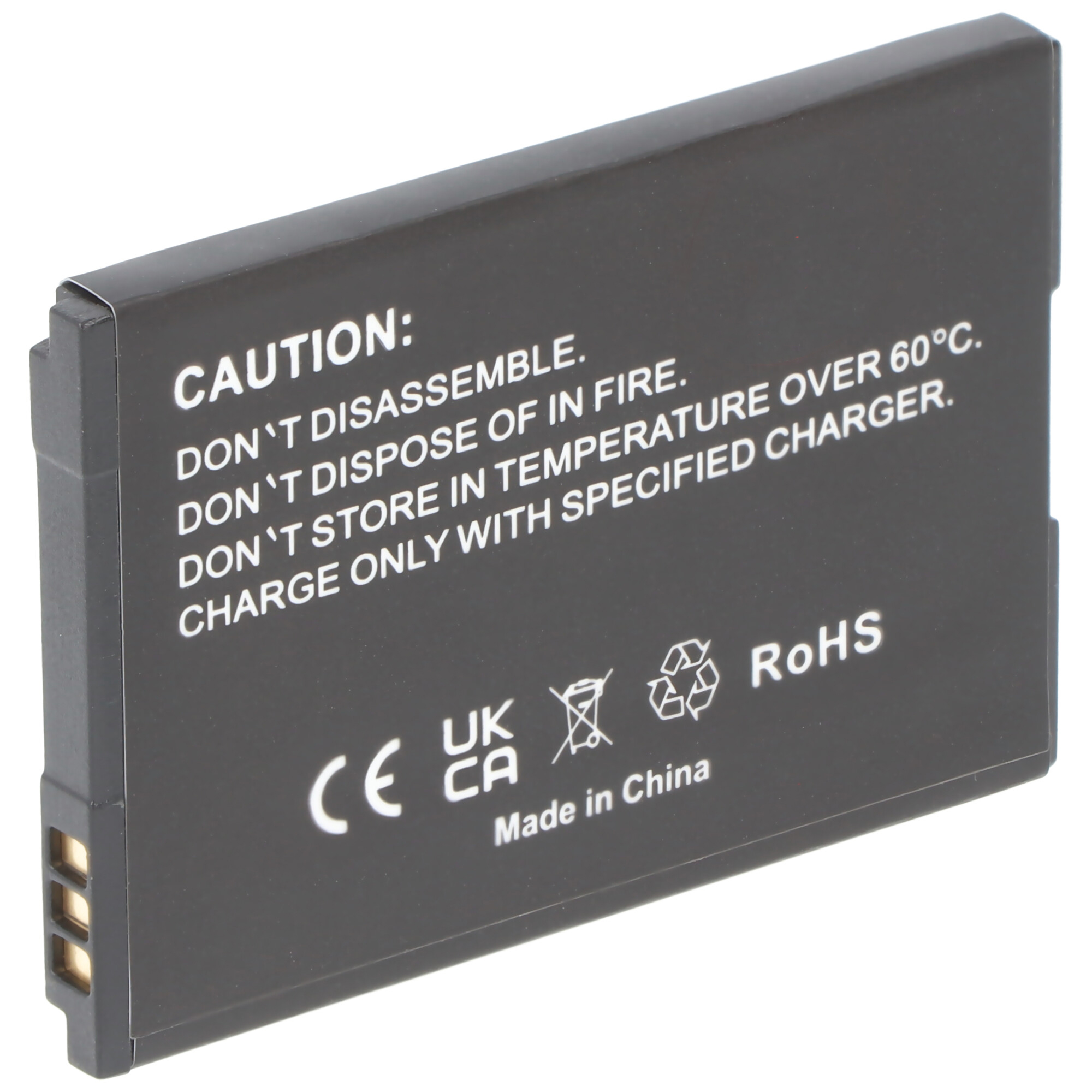 Eine schwarze Batterie mit Text und Symbolen. Der Text warnt vor Demontage, Feuer und Aufladen.