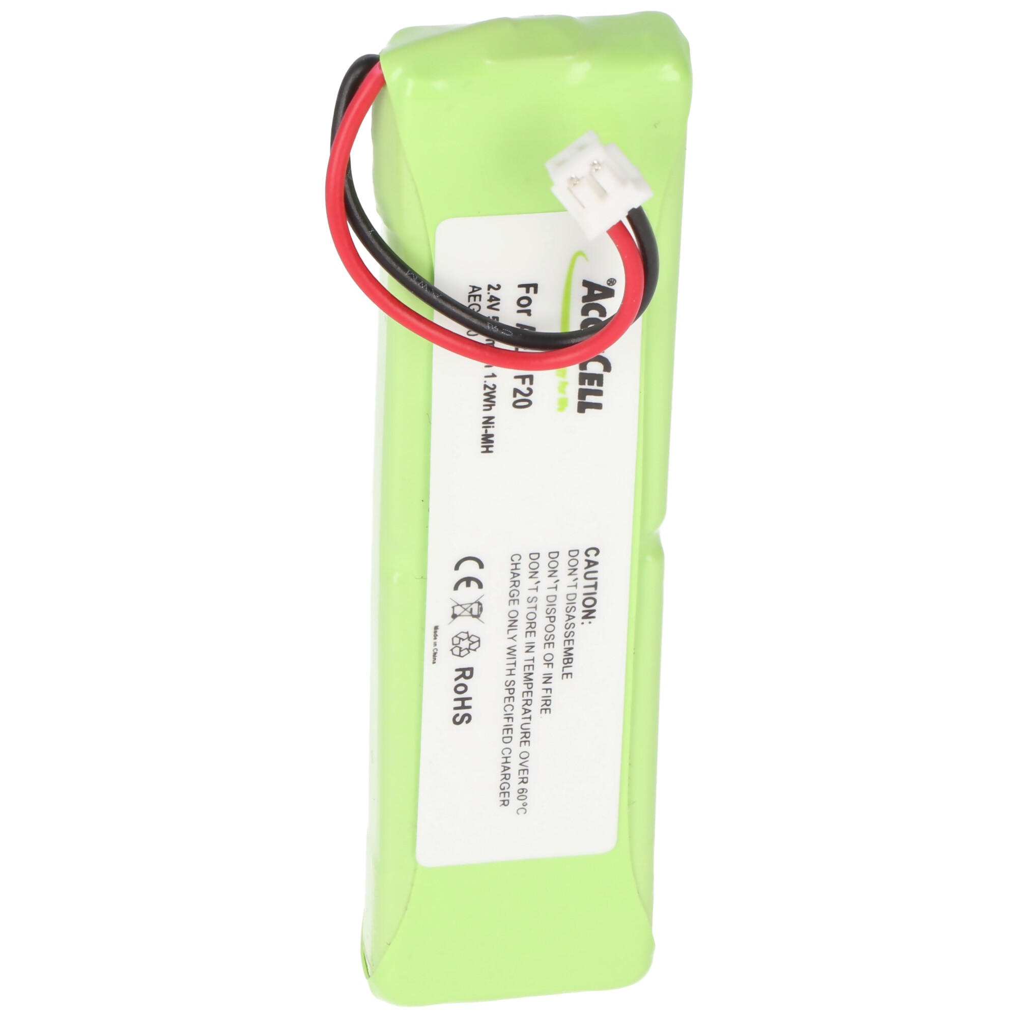 Grüner Akku mit roten und schwarzen Drähten und weißem Stecker.