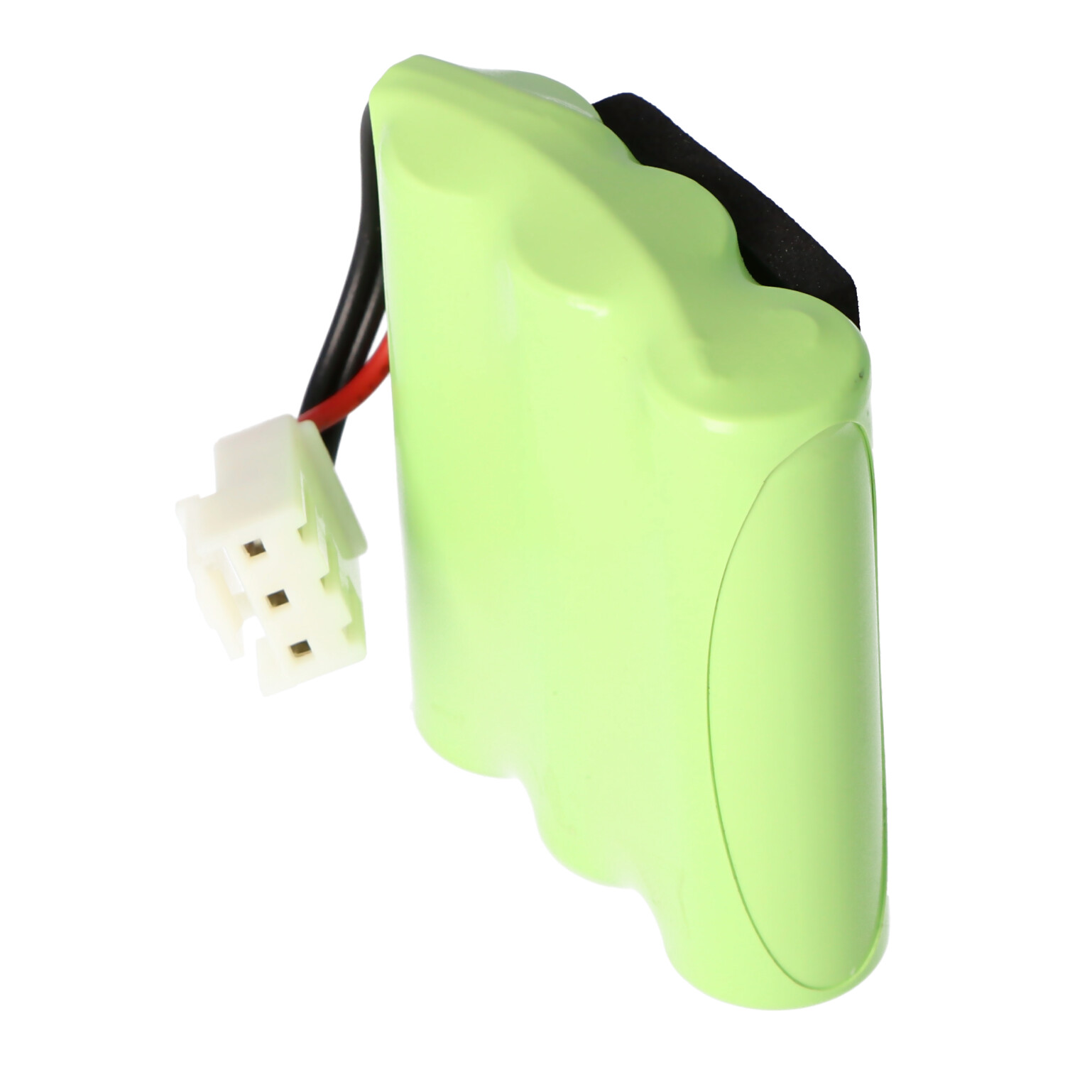 Eine grüne Batterie mit weißem Stecker und schwarzen Drähten.