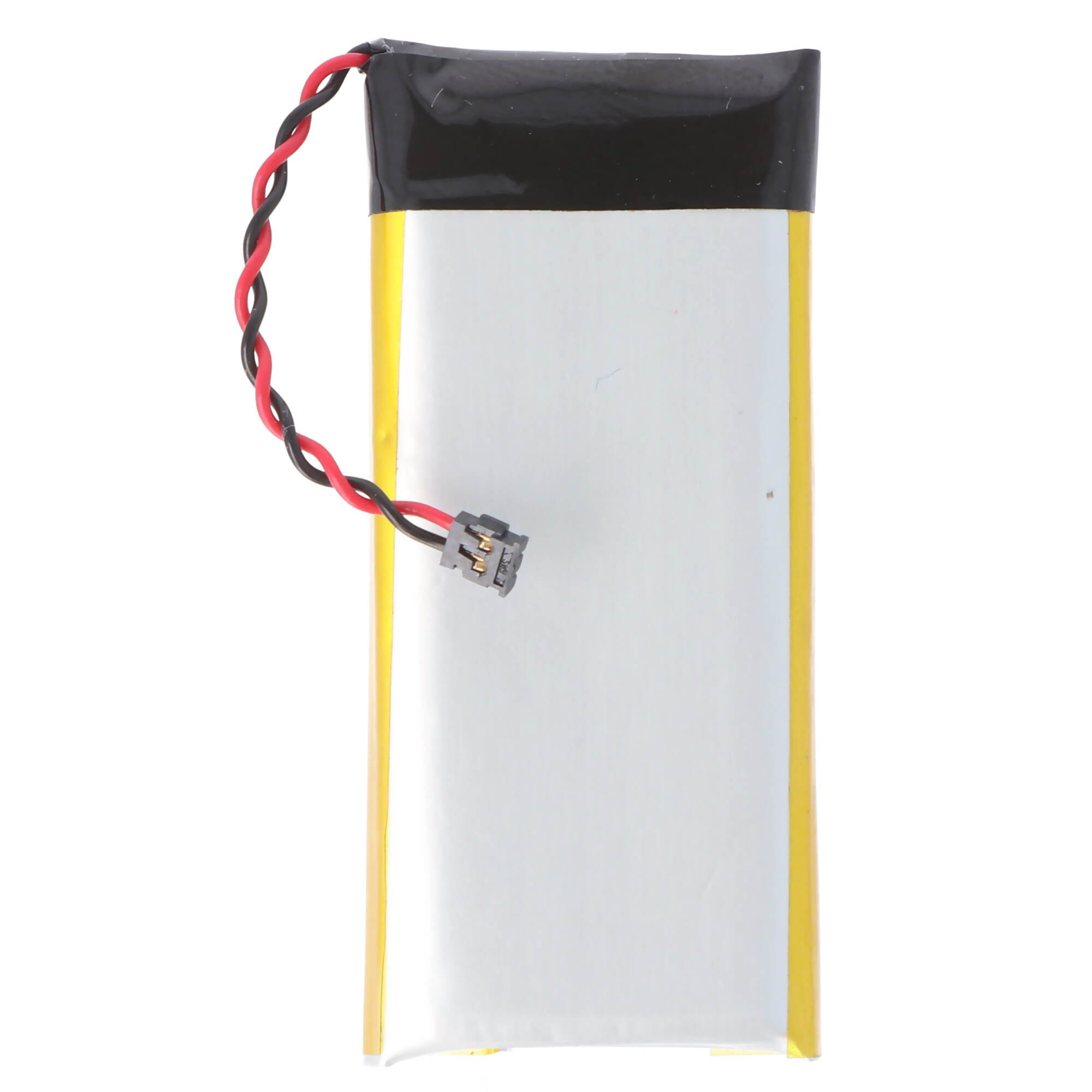 Batterie mit roten und schwarzen Drähten und einem Stecker, auf weißem Hintergrund.