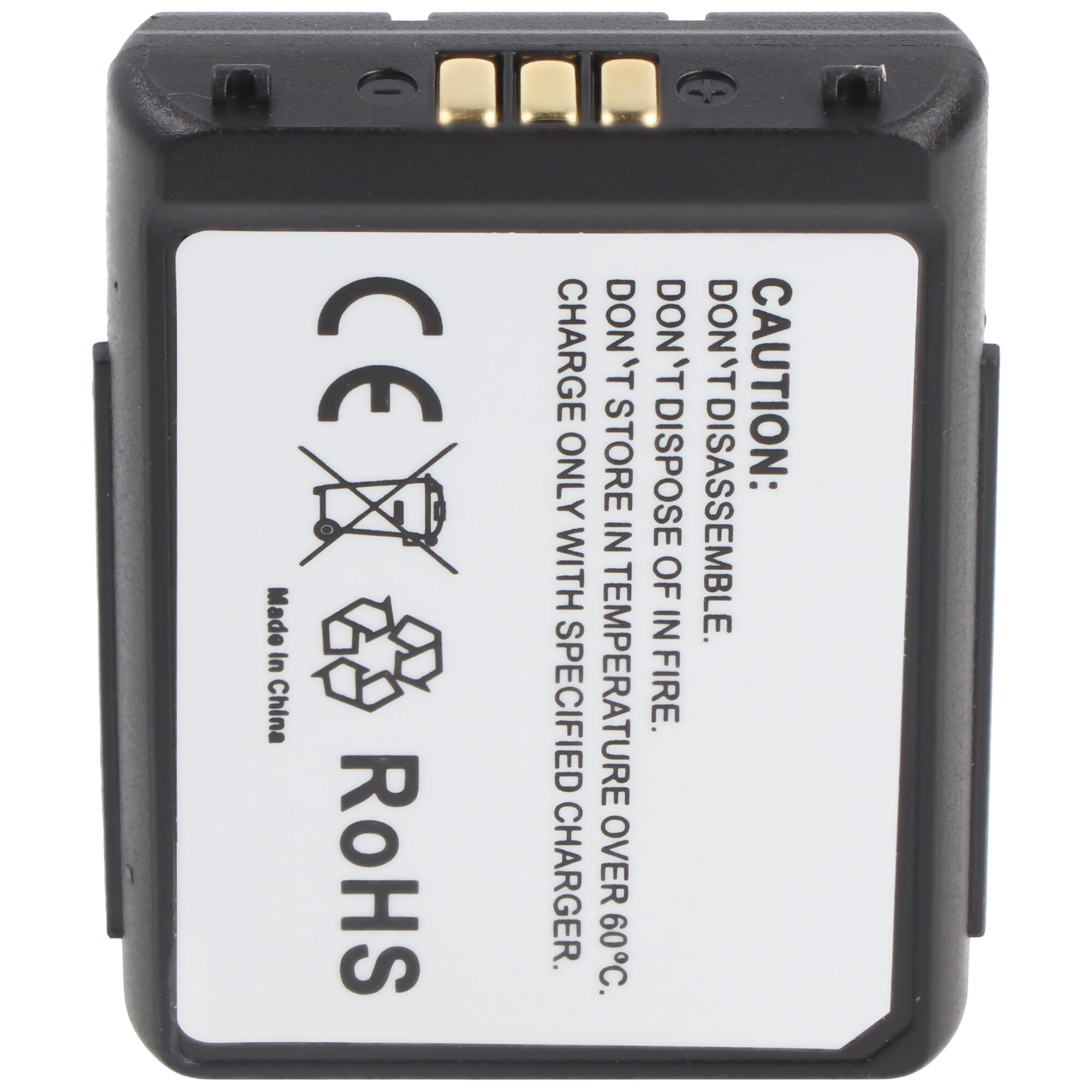 Schwarze Batterie mit weißem Etikett und Warnhinweis.