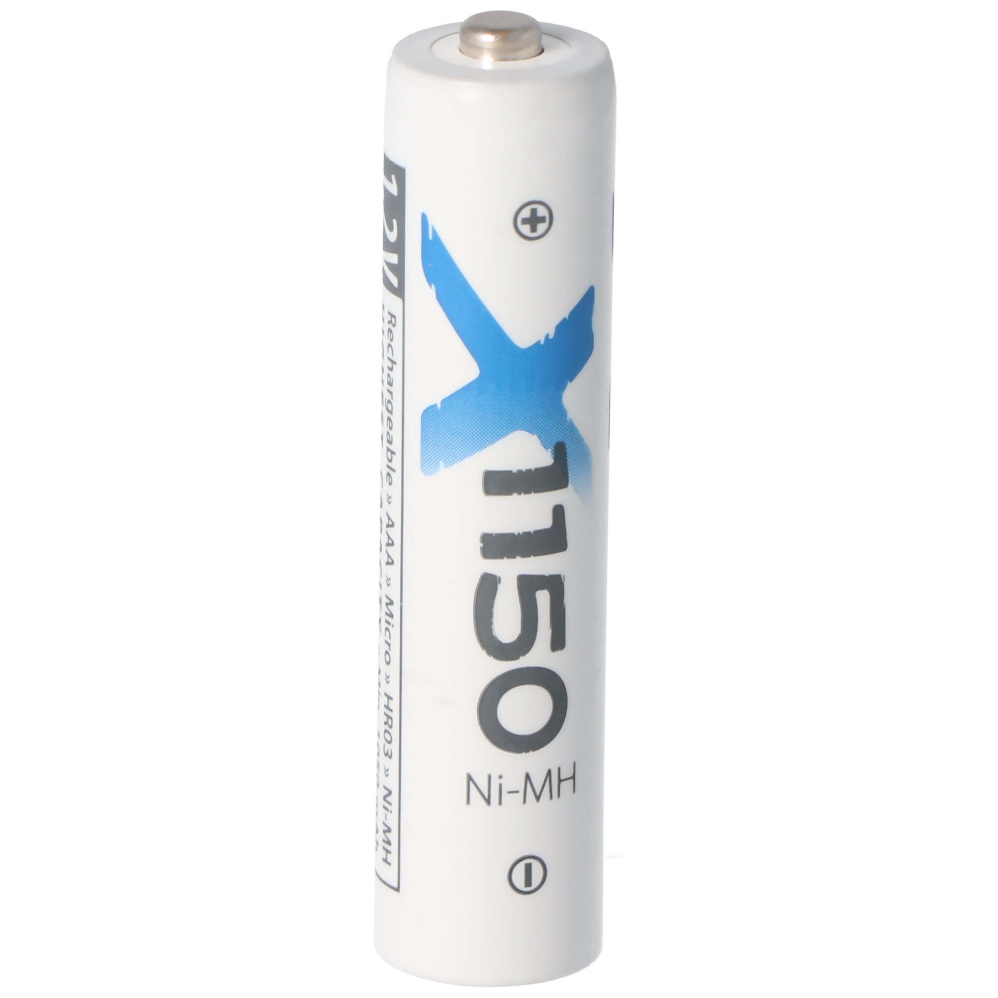 Eine einzelne weiße AA-Batterie mit einem blauen Kreuz und dem Text 'X 1150' darauf.