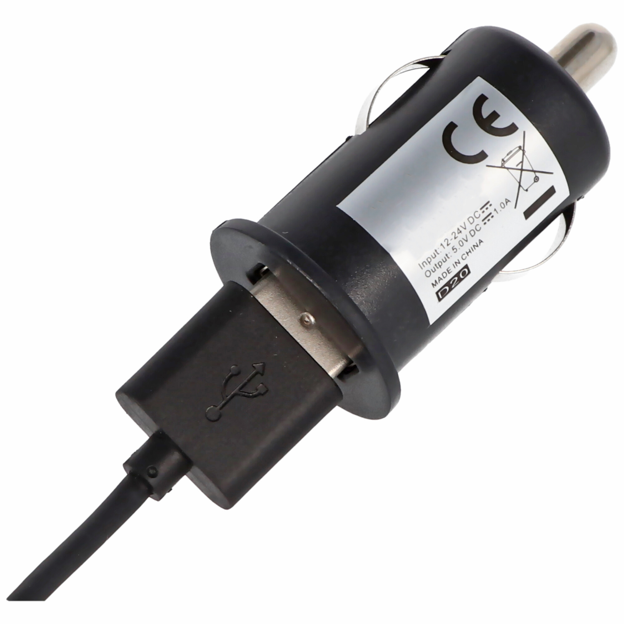 Schwarzes Autoladegerät mit angeschlossenem USB-Kabel.