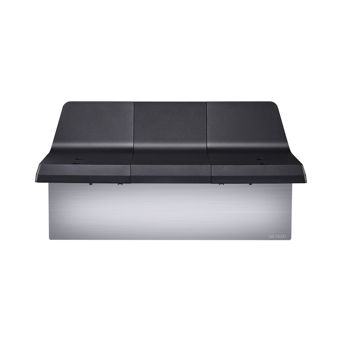 Barra de sonido LG OLED TV, parte superior negra, inferior plateada, aislada en blanco.