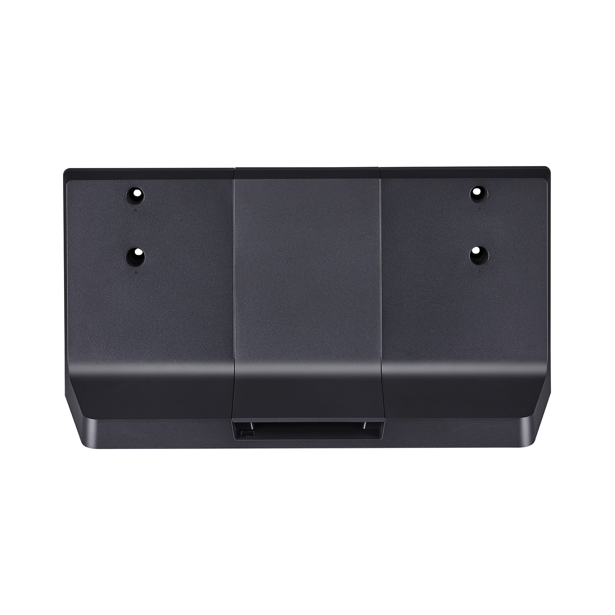 Un soporte de pared negro con tres orificios de montaje y forma rectangular, para montar.