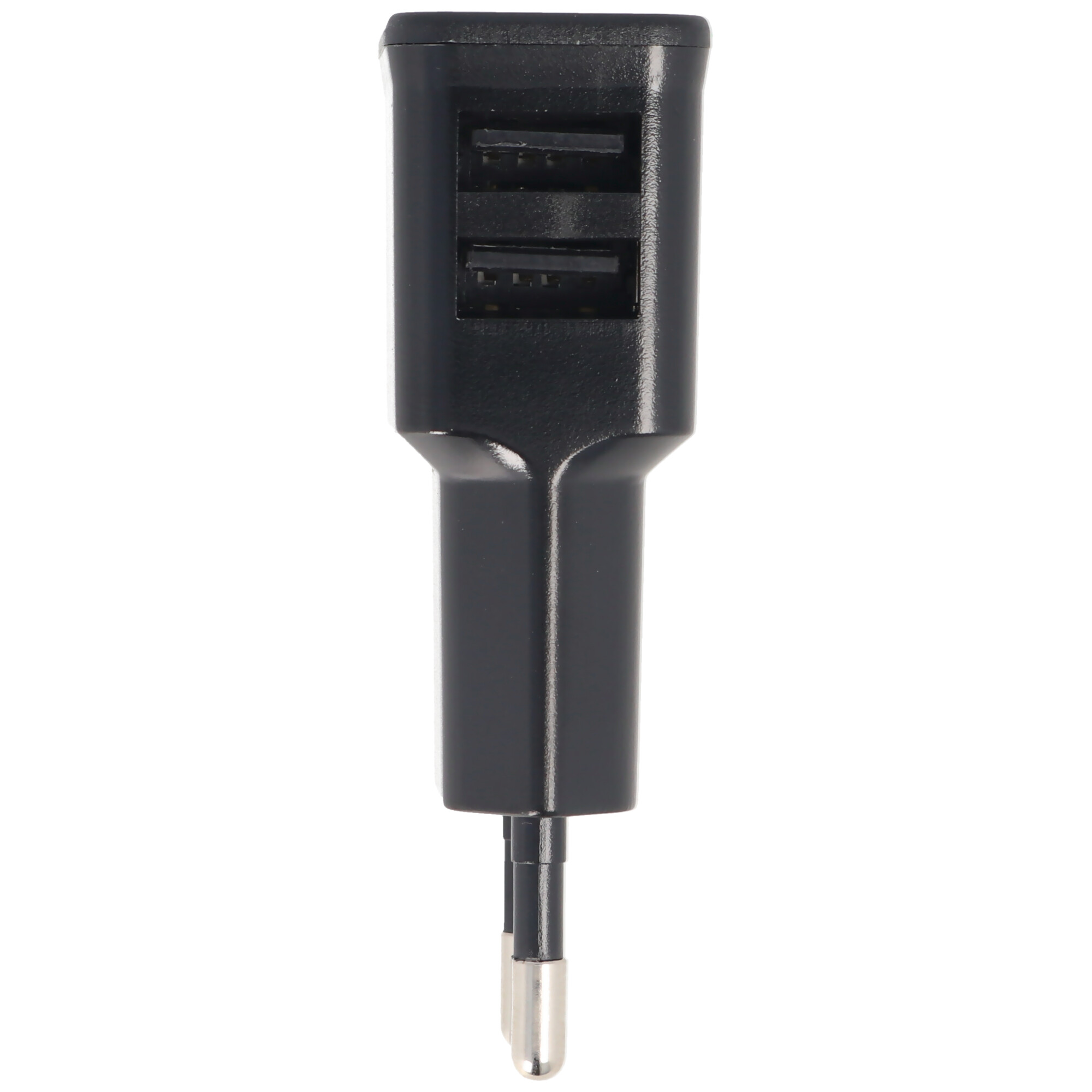 Ein schwarzes USB-Ladegerät mit zwei USB-Anschlüssen.