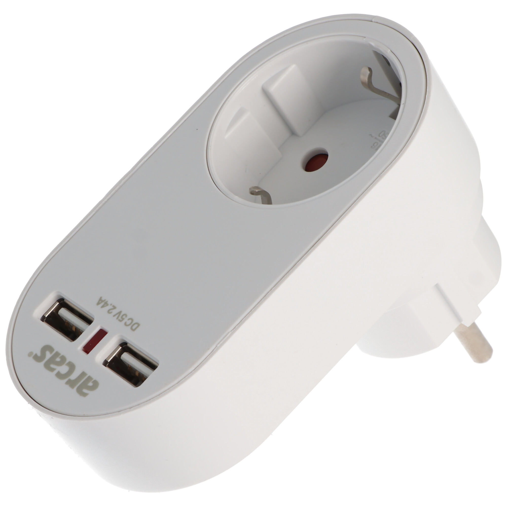 Weißes Netzteil mit zwei USB-Anschlüssen und einem Eurostecker. Arcas-Logo sichtbar.