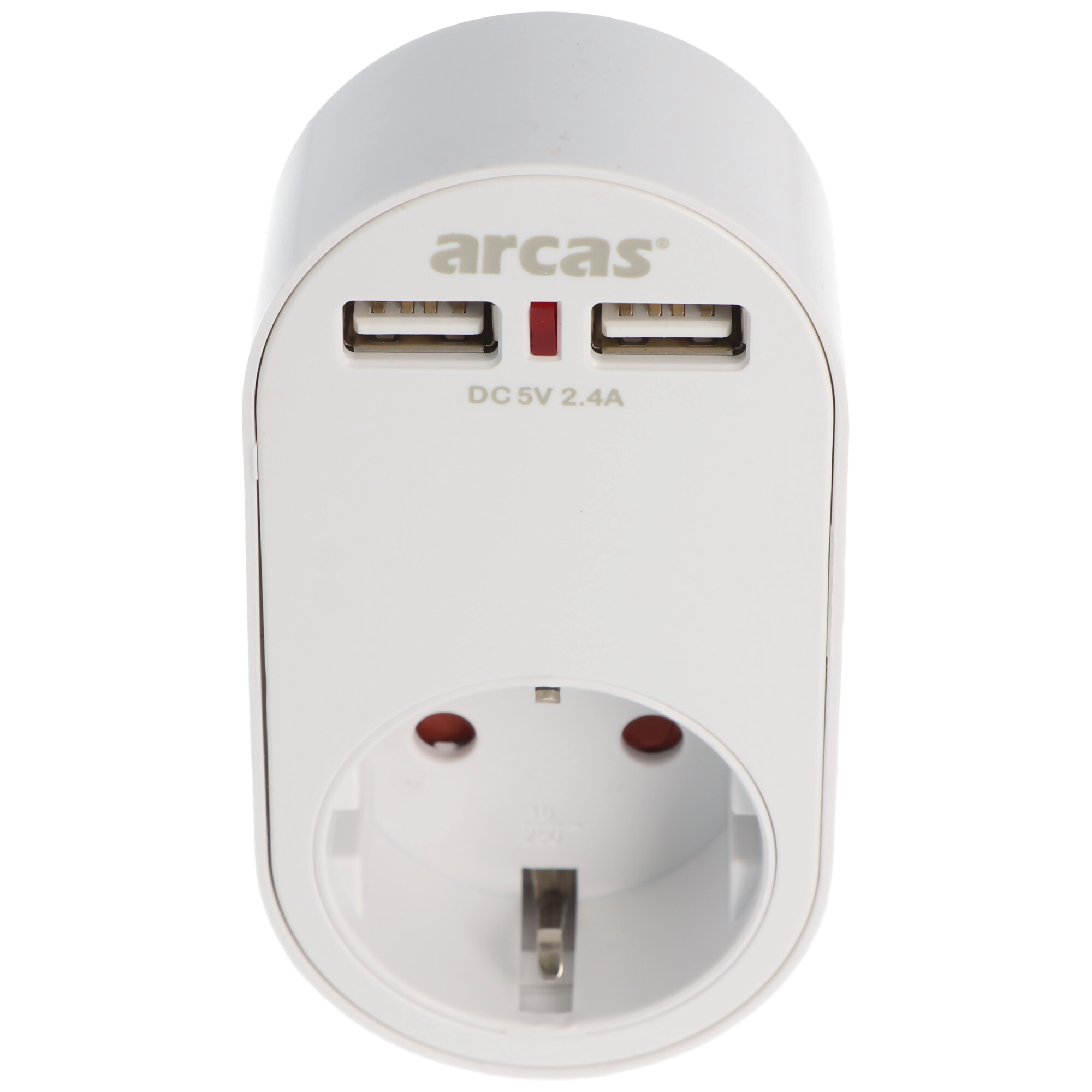 Weißes USB-Ladegerät mit zwei Anschlüssen und einer Steckdose. Der Markenname 'arcas' ist sichtbar.