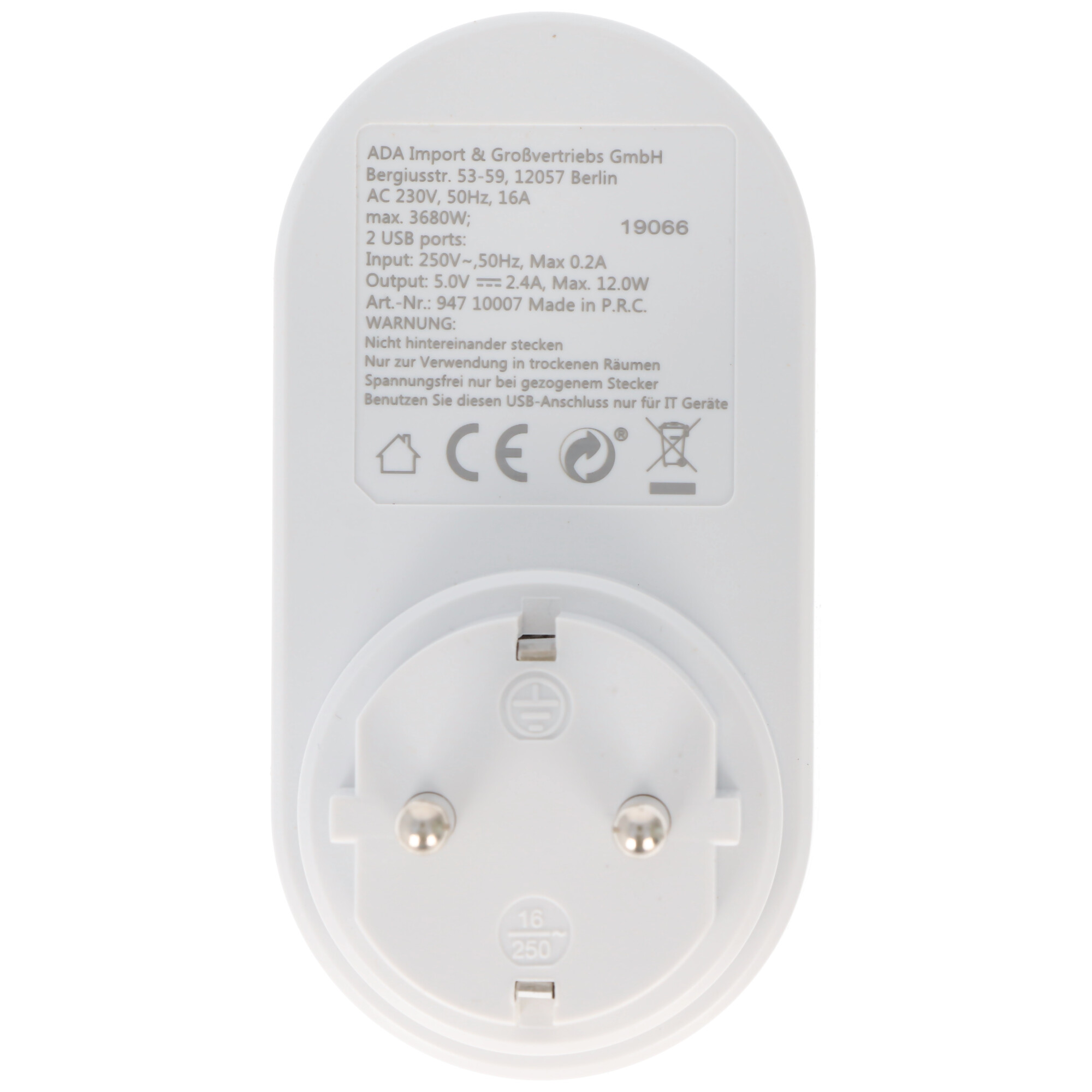 Weißer Adapter mit zwei USB-Anschlüssen und einem Stecker.