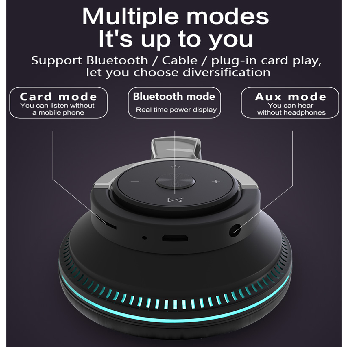 Schwarze Kopfhörer mit mehreren Modi: Kartenmodus, Bluetooth-Modus und Aux-Modus, Nahaufnahme.