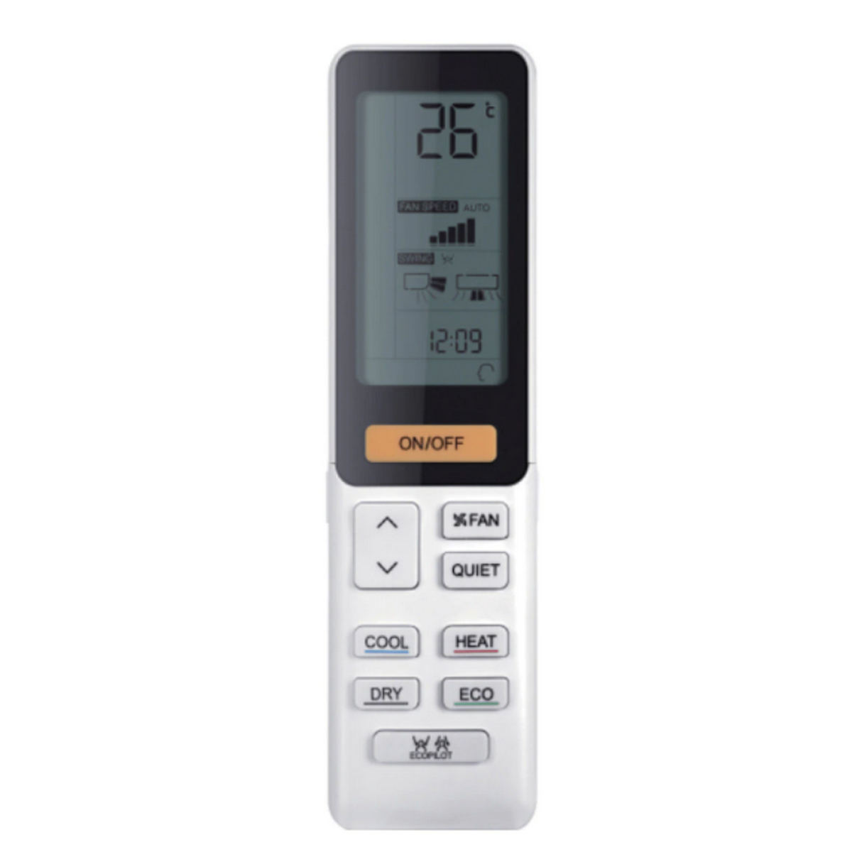 Un control remoto de aire acondicionado blanco con pantalla digital, botones y texto.