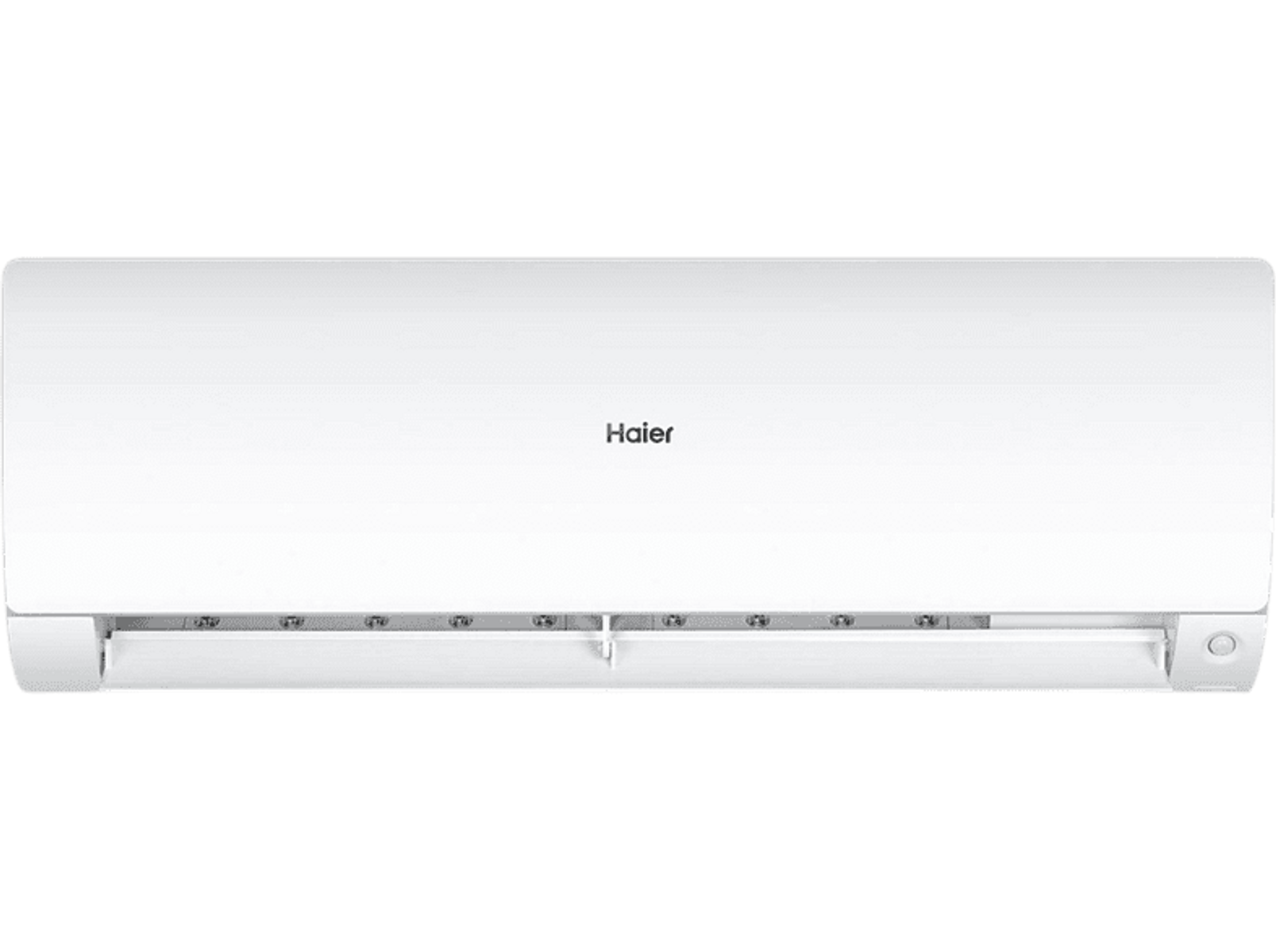 Un acondicionador de aire Haier blanco. Está montado en una pared. La unidad tiene ventilaciones horizontales en la parte inferior.