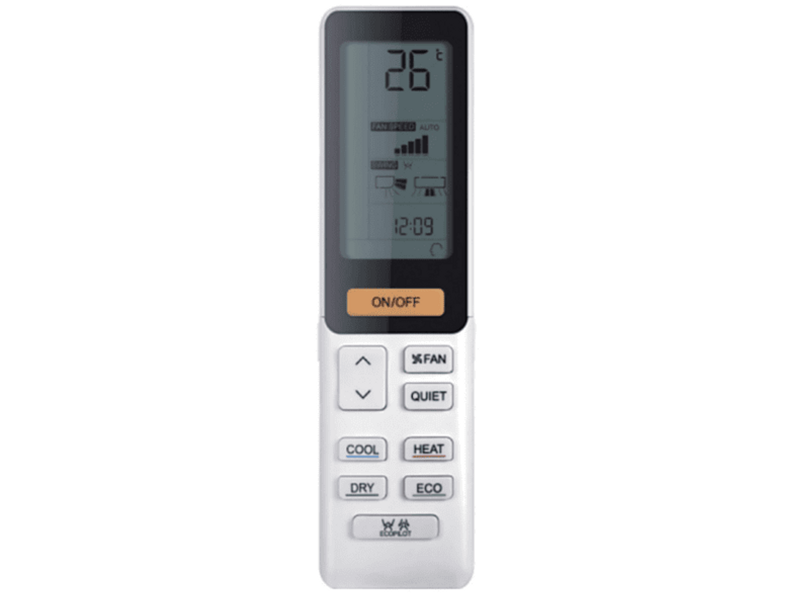 Control remoto, mostrando temperatura y hora en su pantalla. Botones para ajustes.