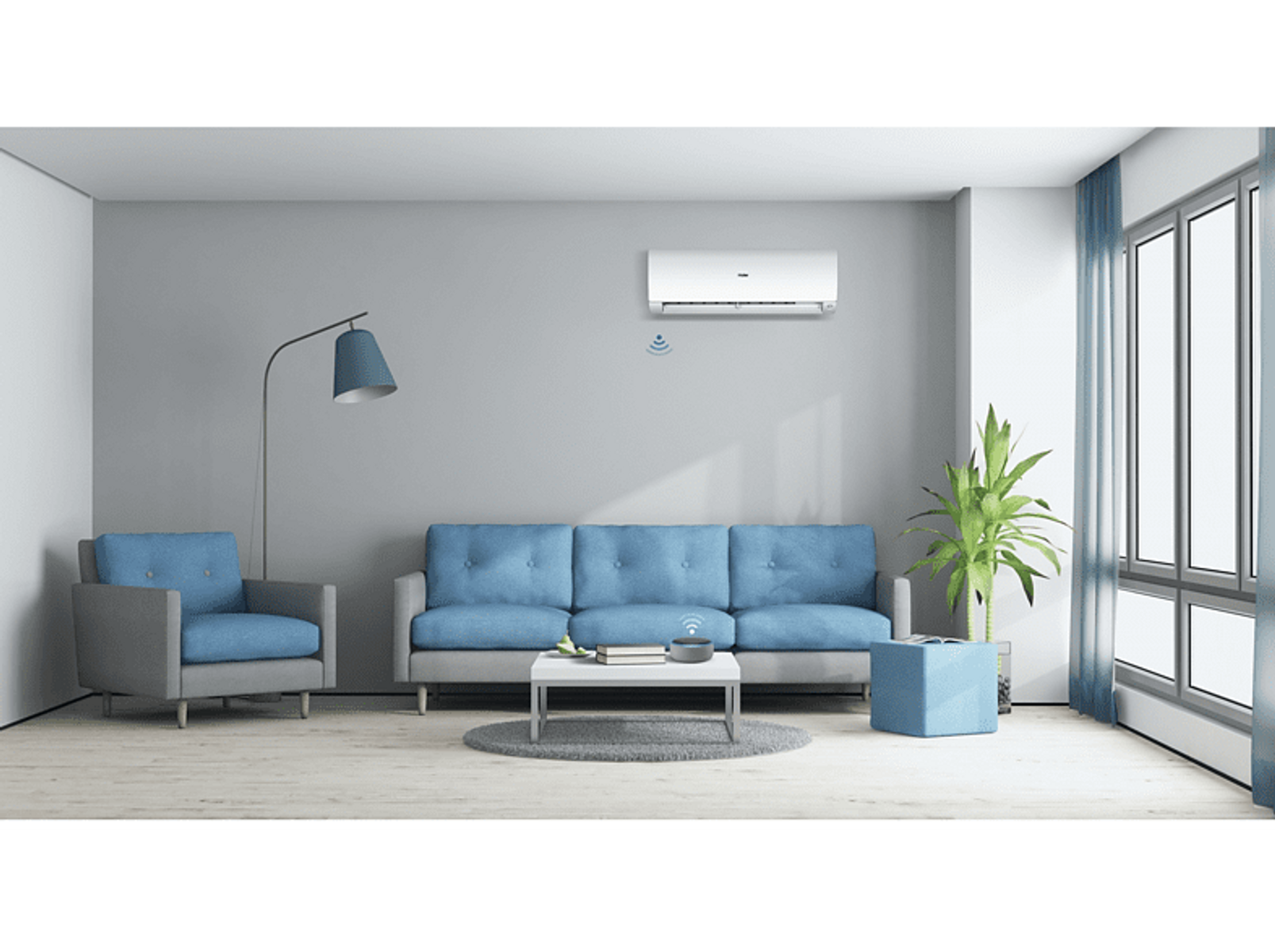 Salón con sofá azul, sillón, mesa, aire acondicionado y una planta.