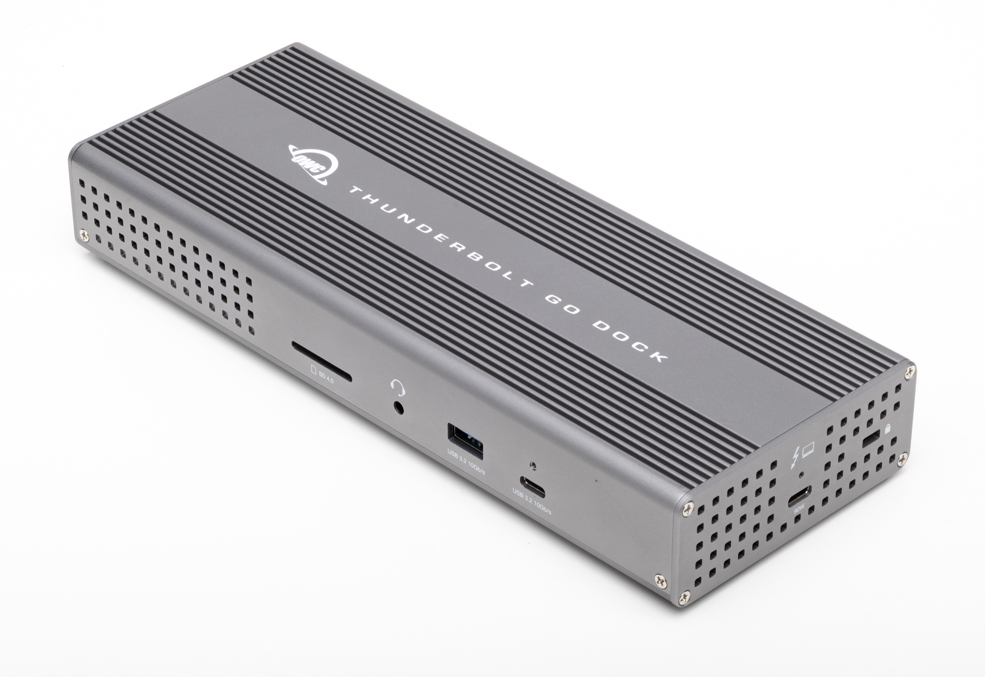 Zilveren Thunderbolt Go Dock-apparaat met meerdere poorten, geïsoleerd op witte achtergrond.