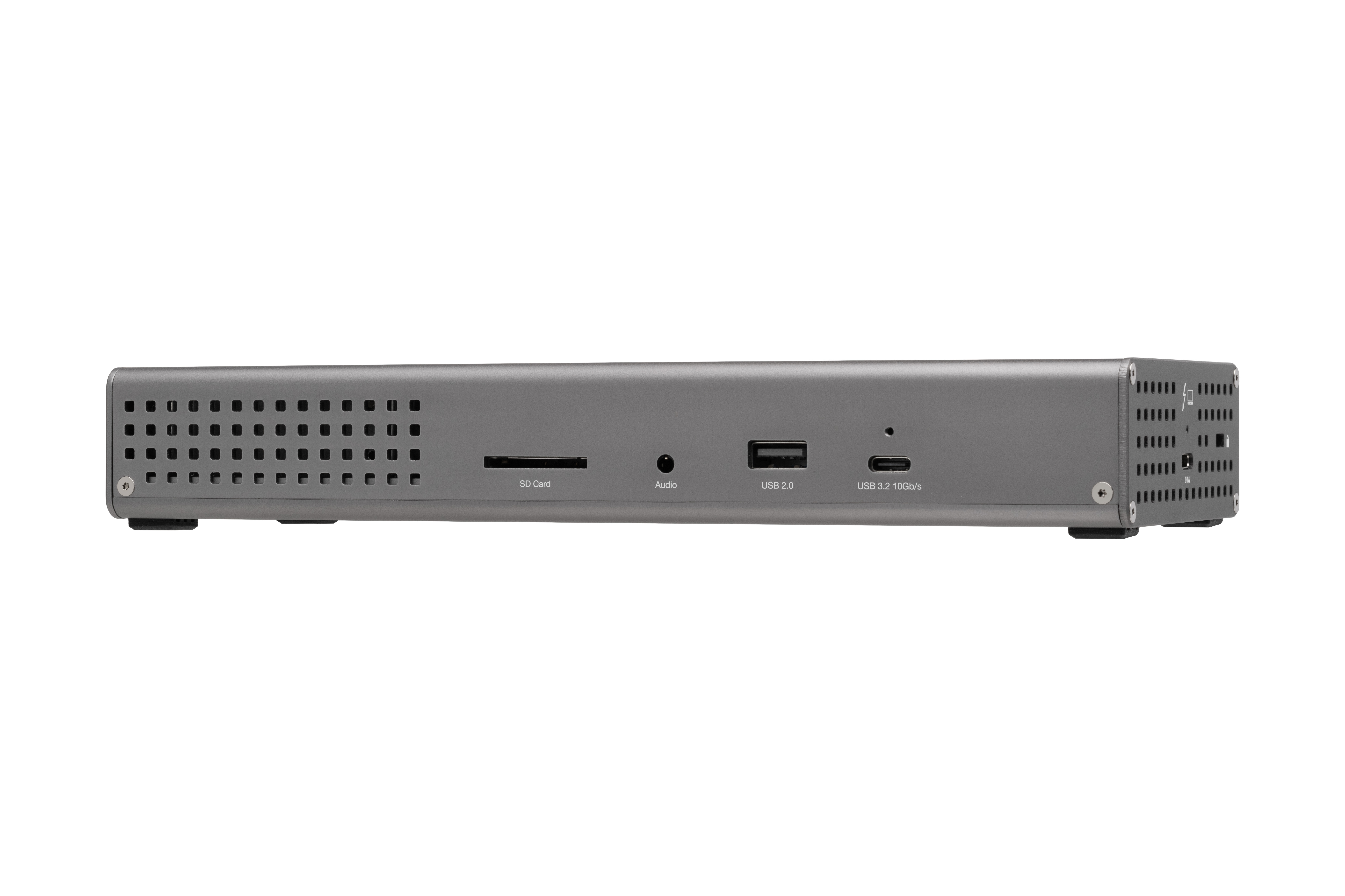 Een grijs apparaat met meerdere poorten, gelabeld met SD Card, Audio, USB 3.0 en USB 3.2 10 Gbps.