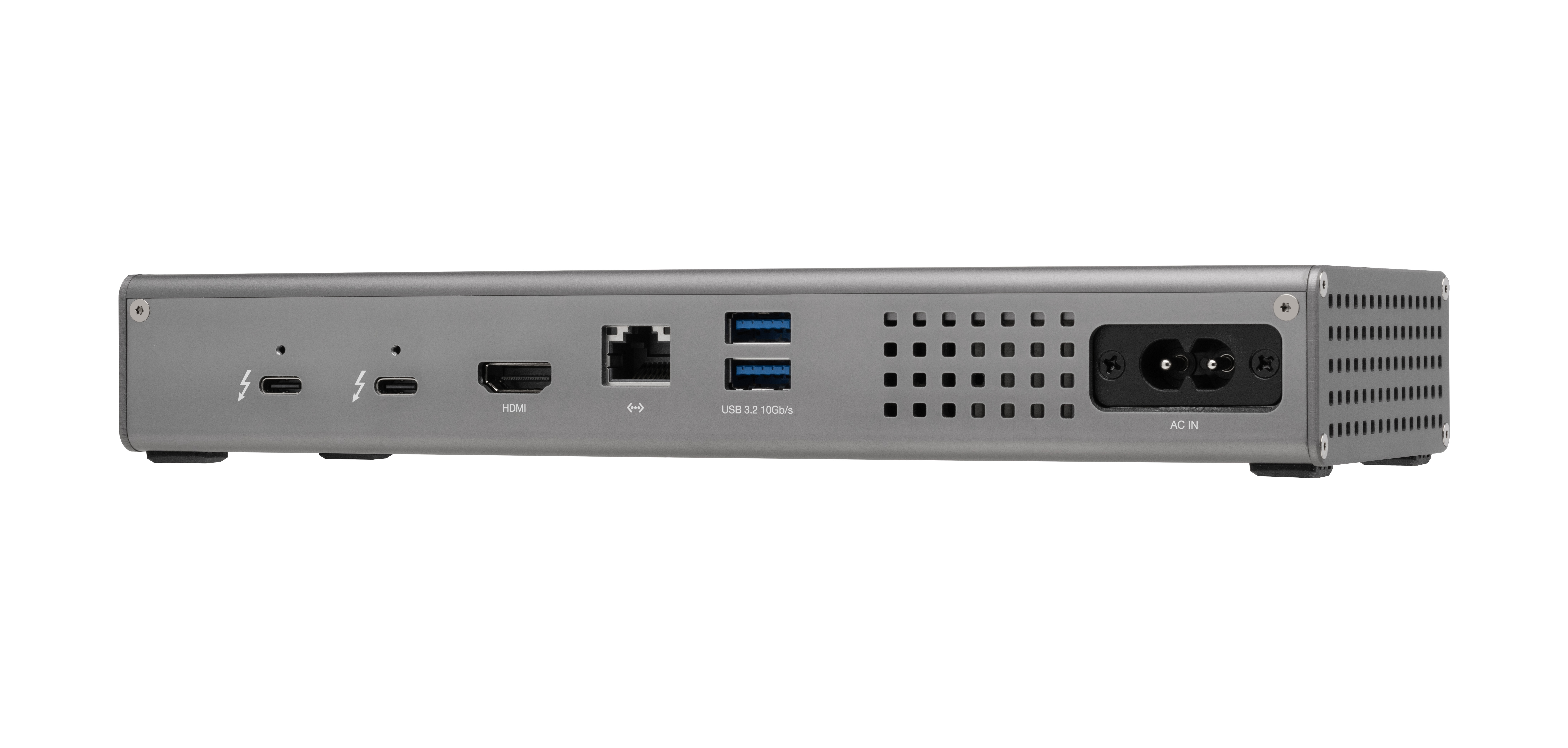 Grijs apparaat met meerdere poorten. HDMI, USB en voedingspoorten zijn zichtbaar. Witte achtergrond.