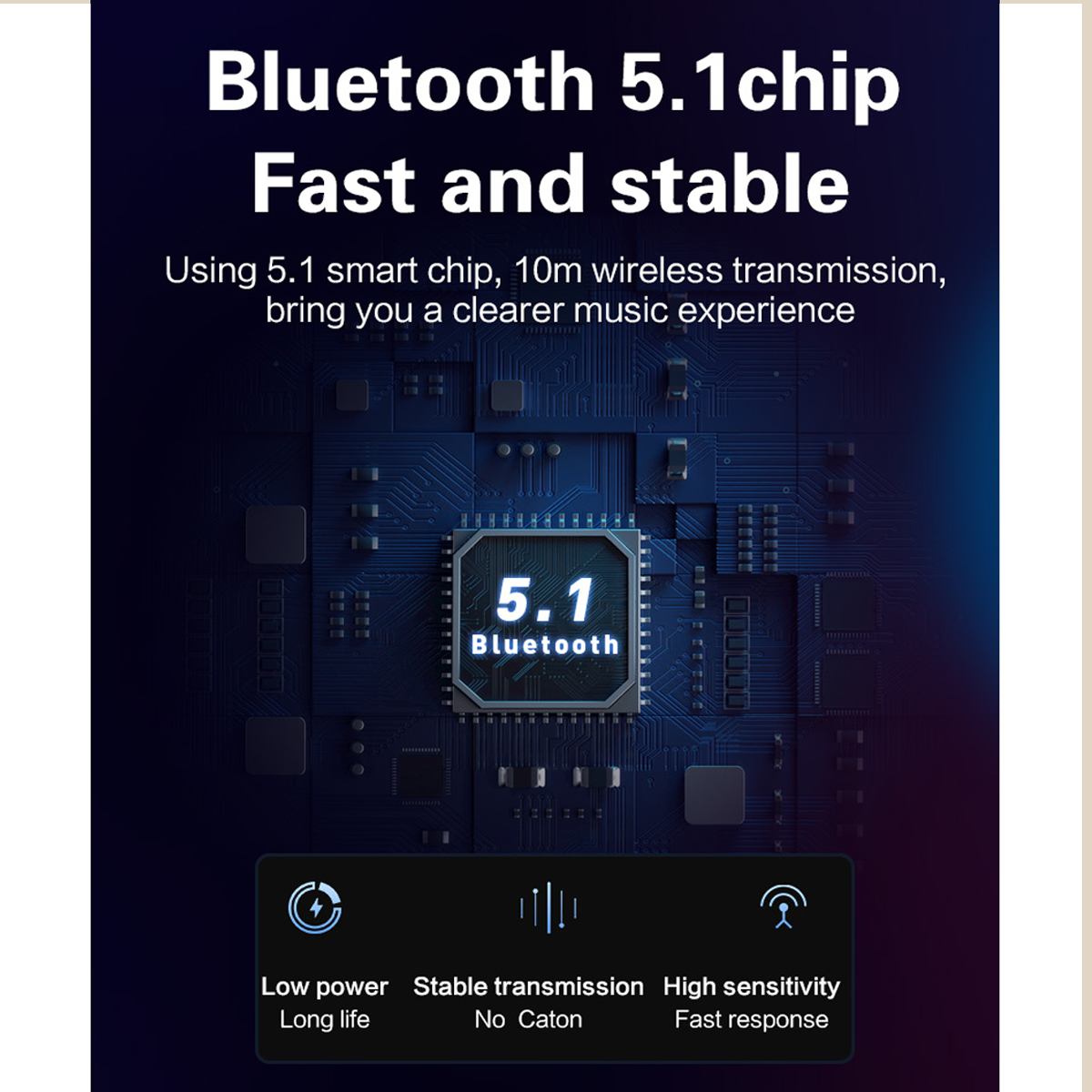 Ein blauer Chip mit Text über Bluetooth 5.1 und Symbolen darunter.