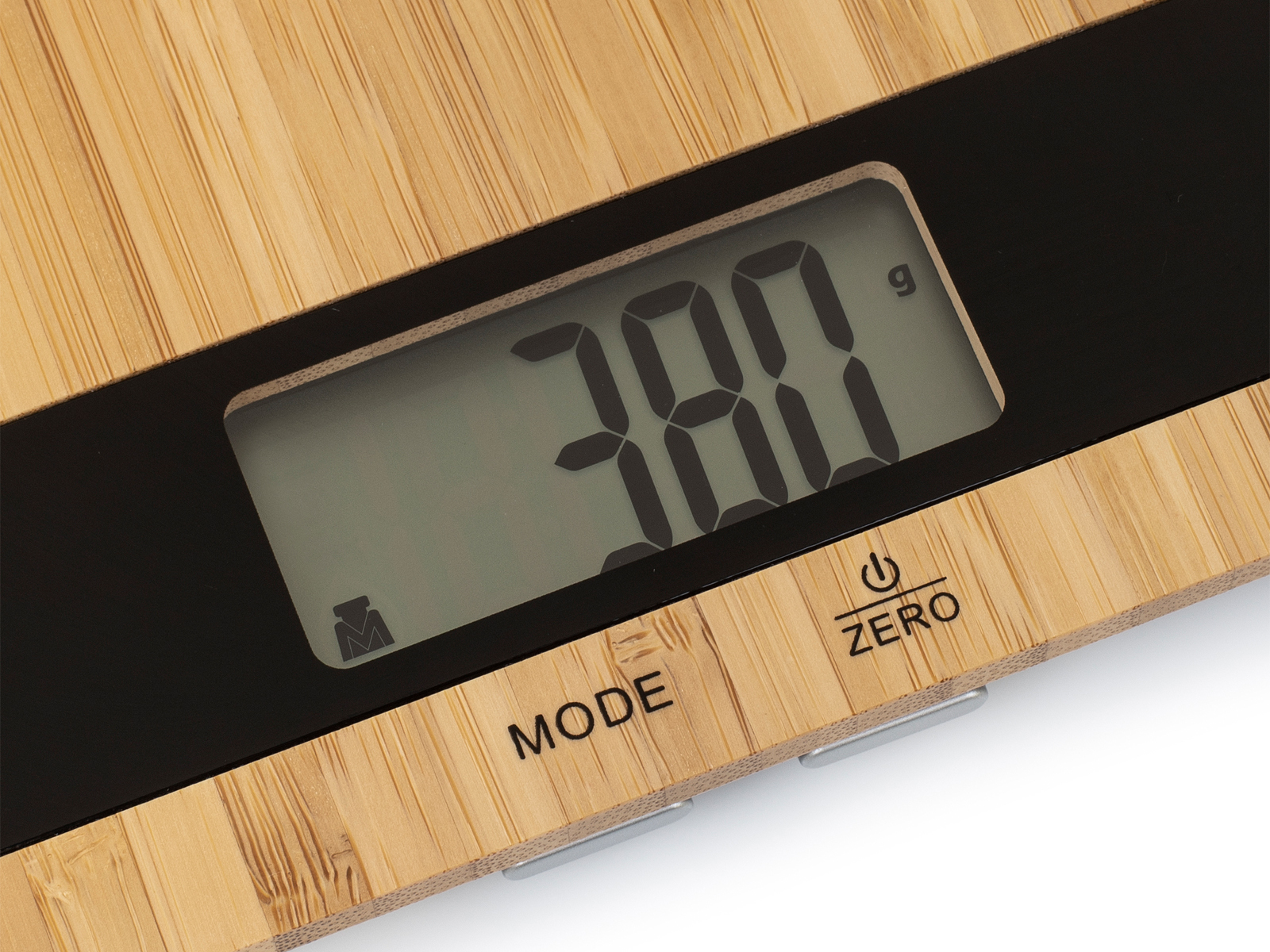 Waga bambusowa z wyświetlaczem pokazującym 380g, z przyciskami trybu i zerowania.