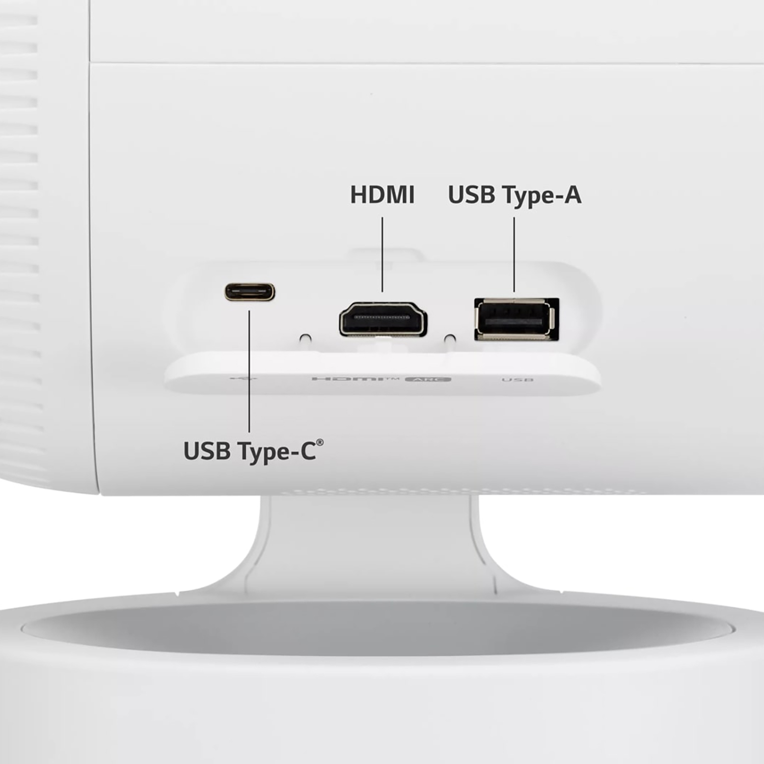 Nahaufnahme der Rückseite eines weißen Projektors mit HDMI, USB und USB-C-Anschlüssen.