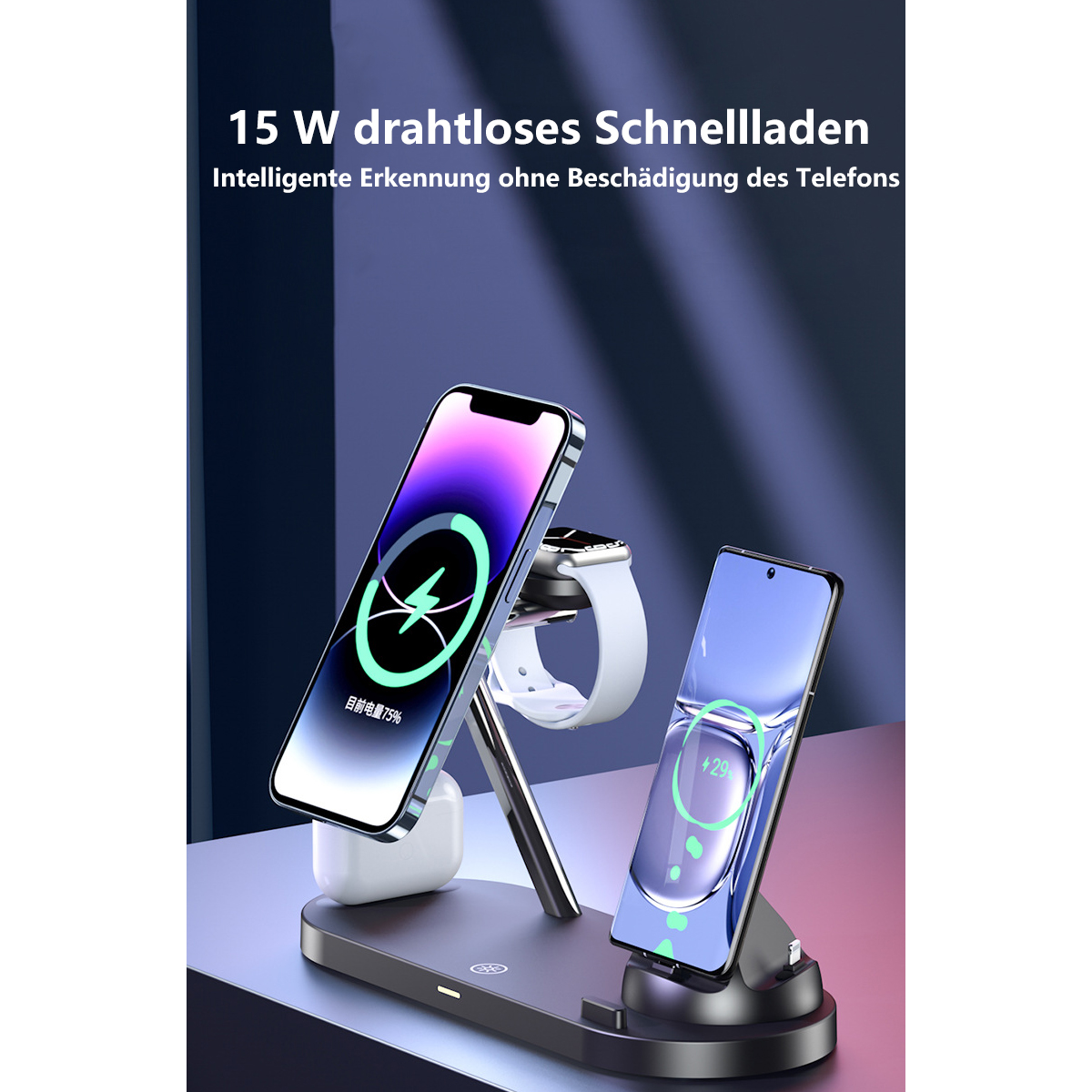 Ladestation mit 2 Telefonen, Uhr und Ohrhörern. Der Hintergrund ist dunkel.